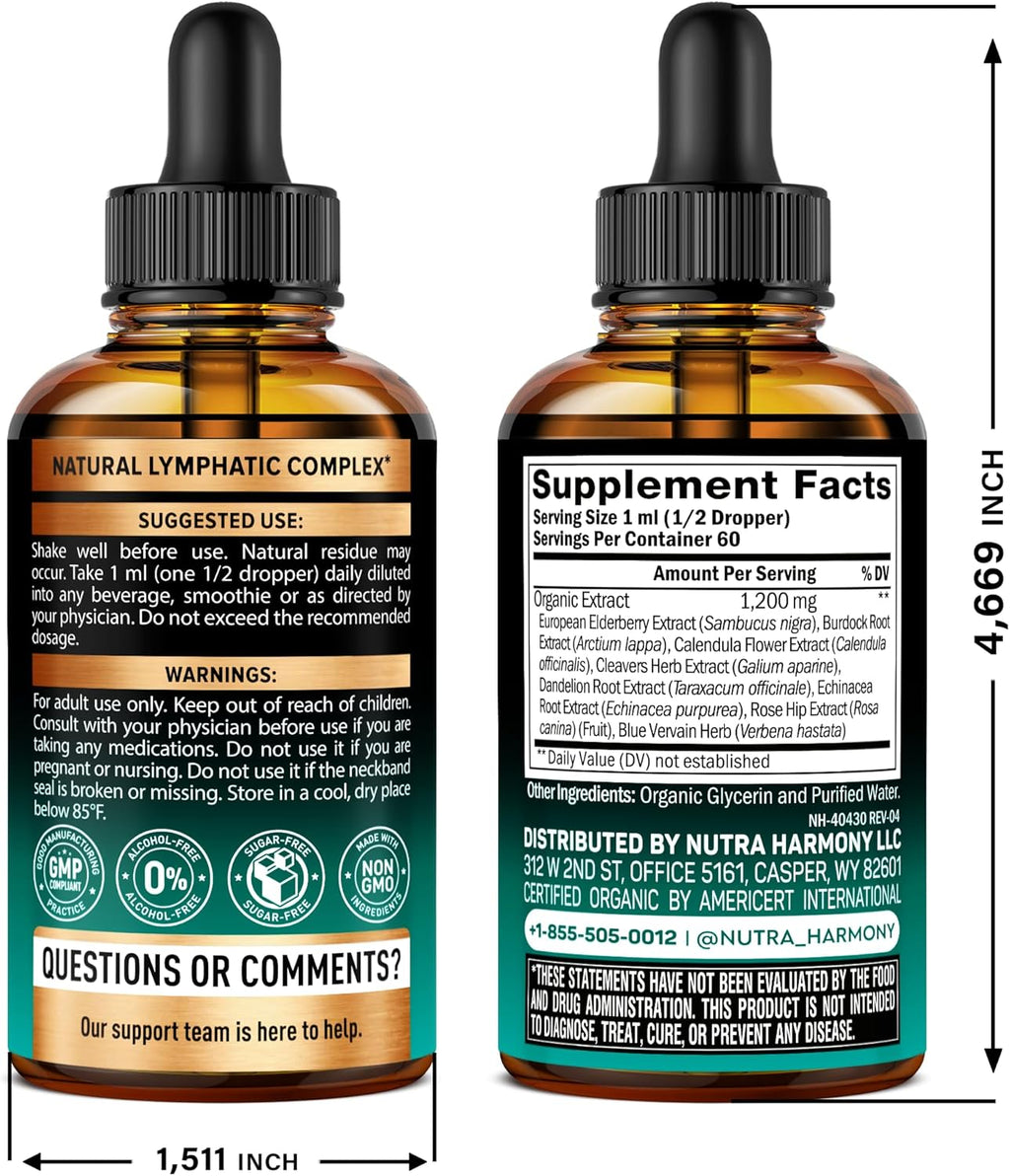 USDA Organic Lymphatic Drainage Supplement - Echinacea | Elderberry | Dandelion | Rosehip | Cleavers | Calendula | Burdock - Made in USA - Lymph System Drops - Immune Support, Cleanse & Detox, 2 fl oz