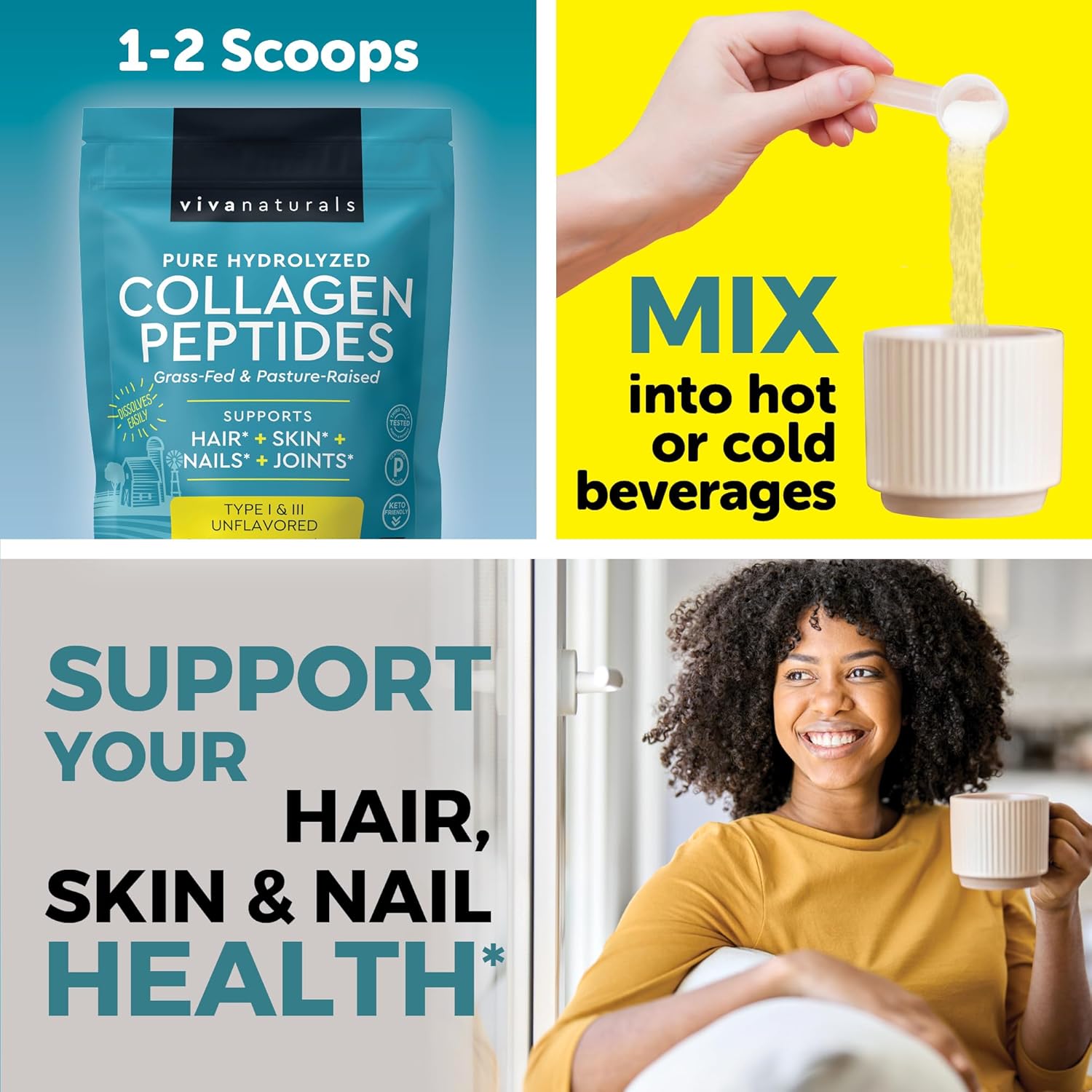 Viv Natural Hydrolyze Collage Peptide Powder l Grass-Fe Pasture-Raise Bovin Collagen Typ  III Unflavore Powde fo Hair Ski Nails