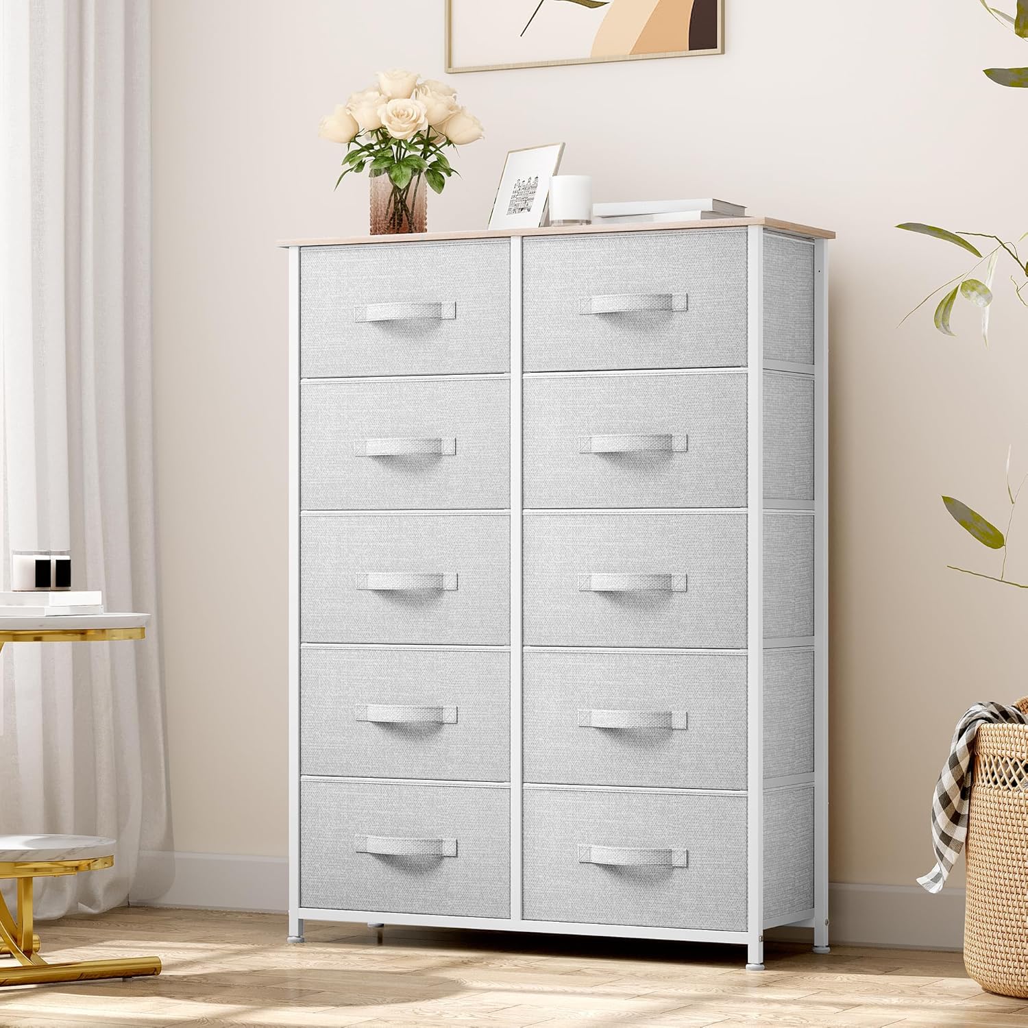 YITAHOM 1 Drawe Dresse Fabri Storag Tower Organize Uni fo Bedroom Livin Room Hallway Closet Sturd Stee Frame Woode To Eas Pul Fabri Bin (Coo Gray)