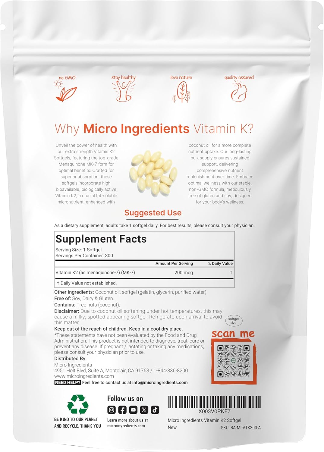 Micr Ingredient Vitami K MK- Supplement 20 mc Pe Serving 30 Coconu Oi Softgle Easil Absorbed Activ Menaquinon For Immune Joint Hear Suppor Non-GMO