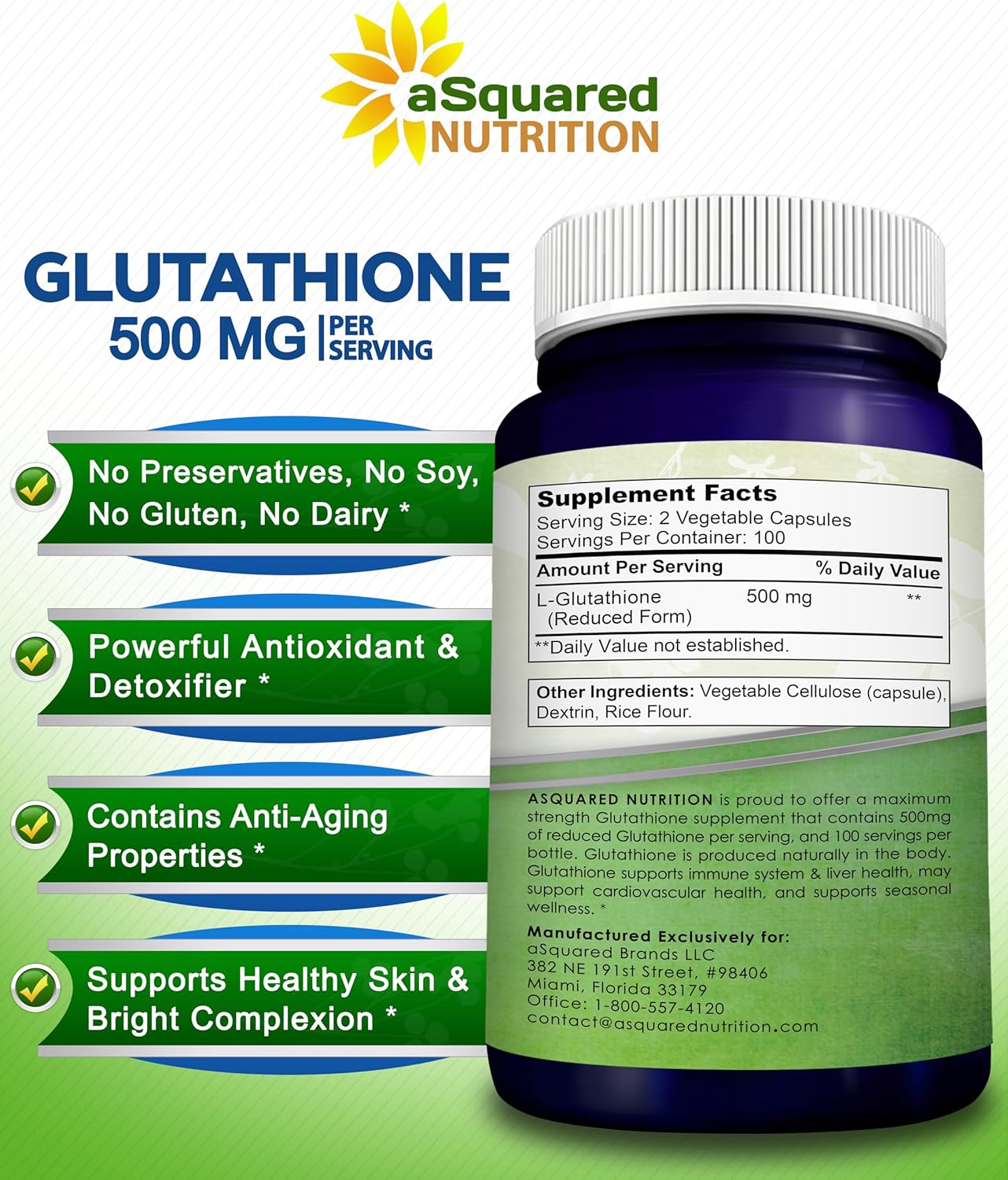 aSquare Nutritio Reduce Glutathion 500m Pe Servin Supplemen -20 Capsule -L-Glutathion Antioxidan t Suppor Live Healt Deto Ma Strengt Powde Pill t Hel Immun Brai Function