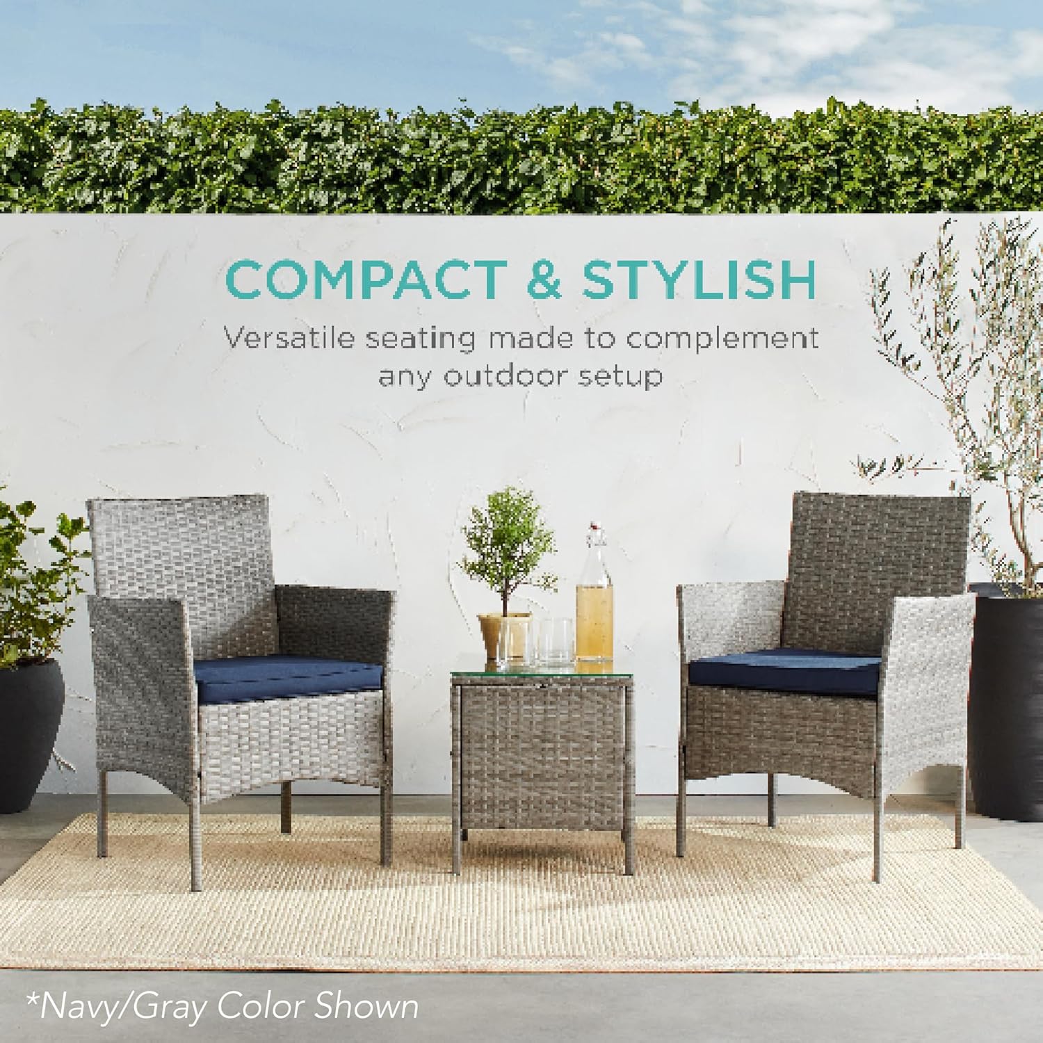 Best Choice Products 3-Piece Outdoor Wicker Conversation Bistro Set, Space Saving Patio Furniture for Garden w/Side Table - Black/White Sand