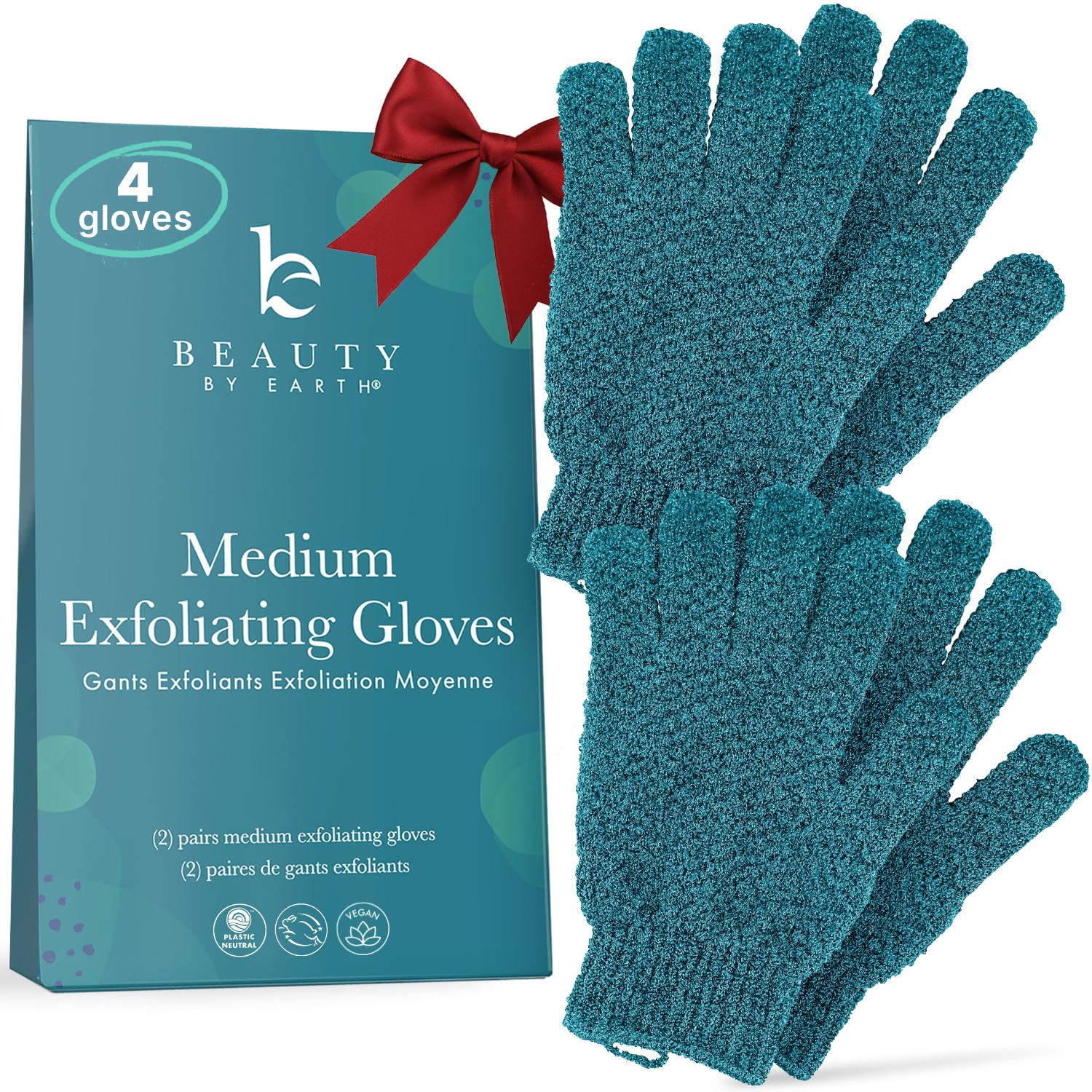 Exfoliating Glove (4 pcs, 2 Pairs) - Medium Shower Gloves for Body Scrub, Exfoliates Removes Dead Skin, Stocking Stuffers for Women and Men