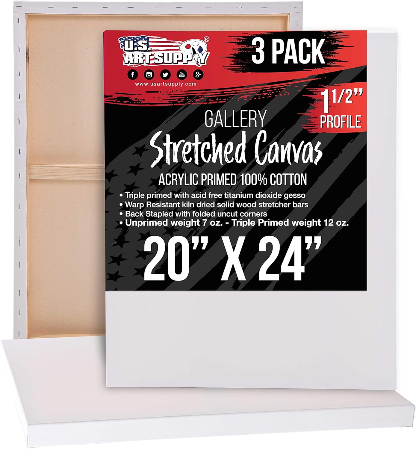 U.S Ar Suppl Larg Stretche Canva fo Paintin 20x2 inc Galler Dept 1-1/2inc Thick 3-Pac 12o Acryli Gess Tripl Primed Professiona Artis Quality 100 Cotto Oil Pourin Paint