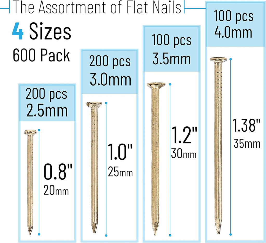 Nail Assortment Kit, 600 Pcs, 4 Sizes, Gold, Small Nails, Nails for Hanging Pictures, Finishing Nails, Wall Nails for Hanging, Pin Nails, Hardware Nails, Assorted Nails, Galvanized Nails