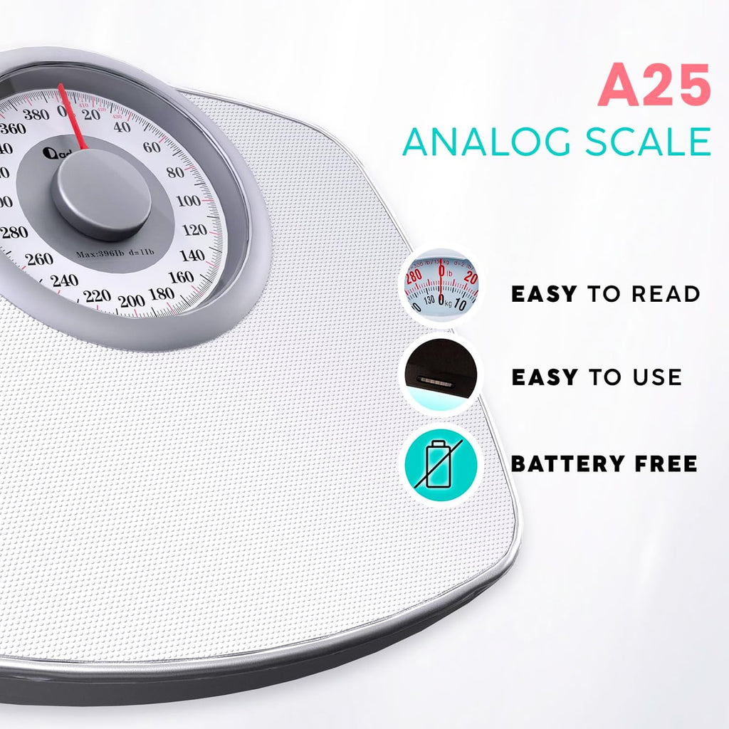 Adamson A25 Scales for Body Weight - Up to 400 LB - 5.3inch Dial on 12.4inch x 10.2inch Platform - Anti-Skid Rubber Surface - High Precision Bathroom Scale Analog - Durable with 20-Year Assurance - Full White