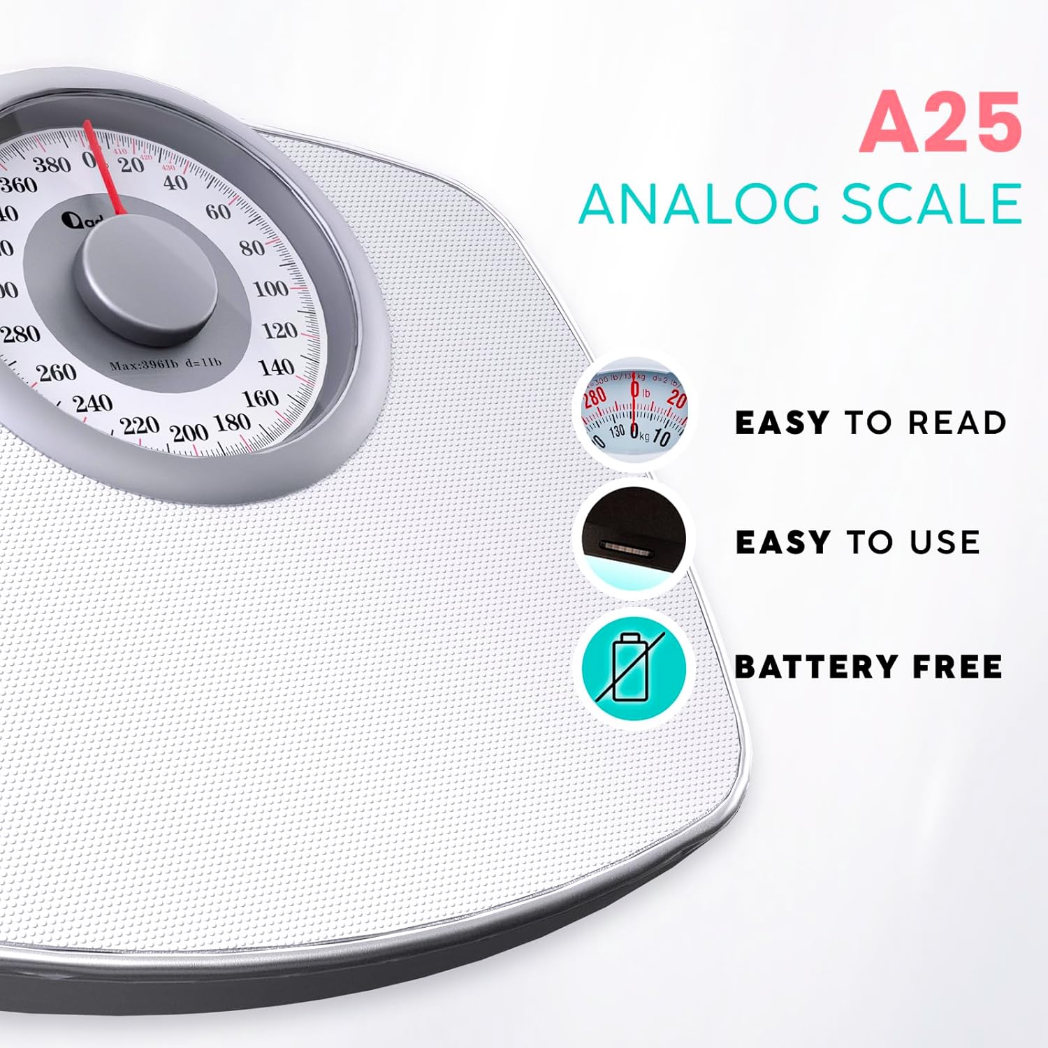 Adamson A25 Scales for Body Weight - Up to 400 LB - 5.3inch Dial on 12.4inch x 10.2inch Platform - Anti-Skid Rubber Surface - High Precision Bathroom Scale Analog - Durable with 20-Year Assurance - Full White