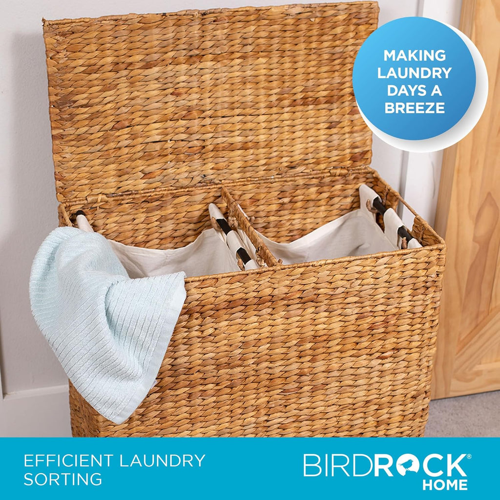 BirdRock Home Water Hyacinth Laundry Hamper Divided Interior (Natural) | Eco Friendly | Made of Hand Woven Hyacinth Fibers | Includes Two Removable Cotton Liners Bag | Wicker Laundry Basket with Lid