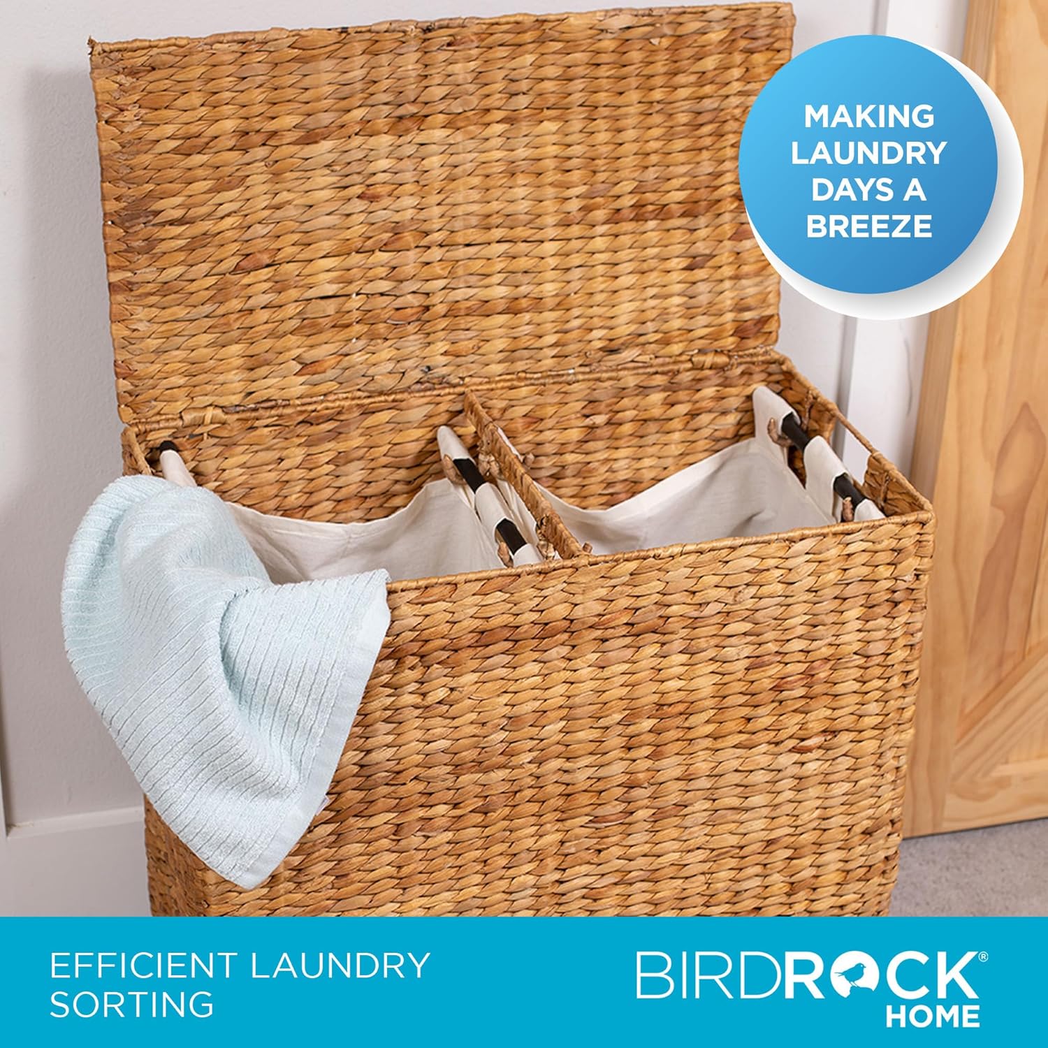 BirdRock Home Water Hyacinth Laundry Hamper Divided Interior (Natural) | Eco Friendly | Made of Hand Woven Hyacinth Fibers | Includes Two Removable Cotton Liners Bag | Wicker Laundry Basket with Lid