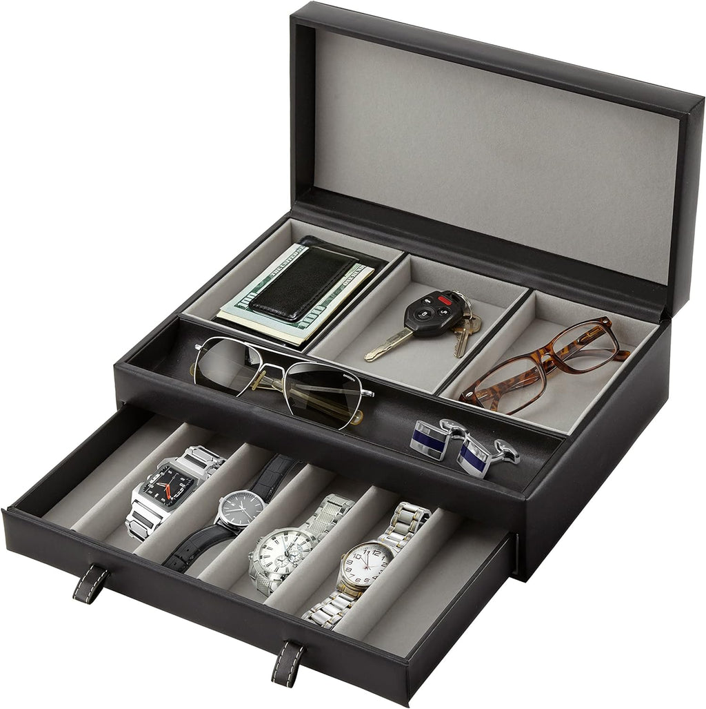 Stock Your Home Mens Valet Tray, Men's Jewelry Box, Night Stand Organizers and Storage, Bedside Table Organizer, Watch Box for Dresser, Faux Leather (Black Gray)