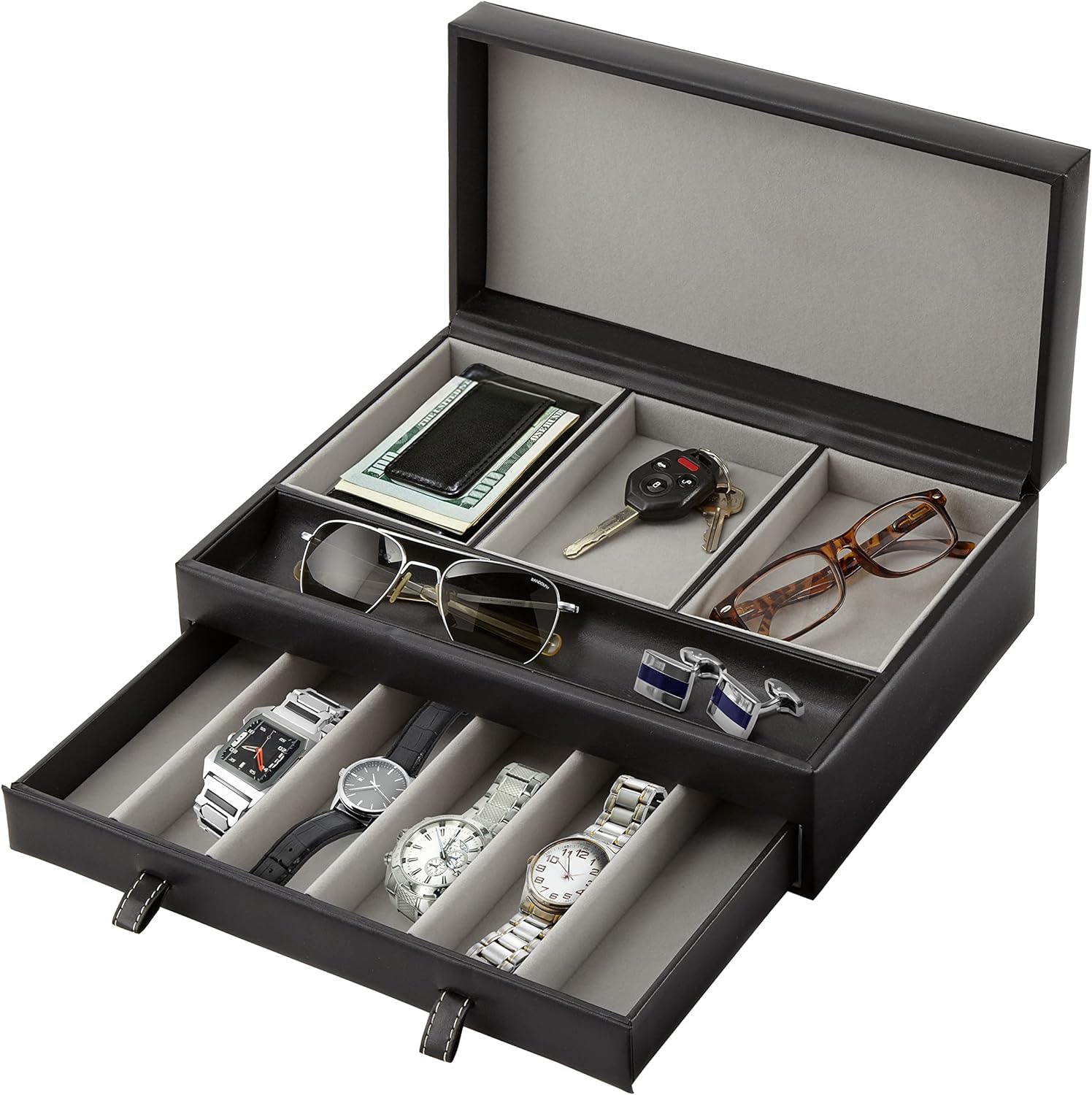 Stock Your Home Mens Valet Tray, Men's Jewelry Box, Night Stand Organizers and Storage, Bedside Table Organizer, Watch Box for Dresser, Faux Leather (Black Gray)