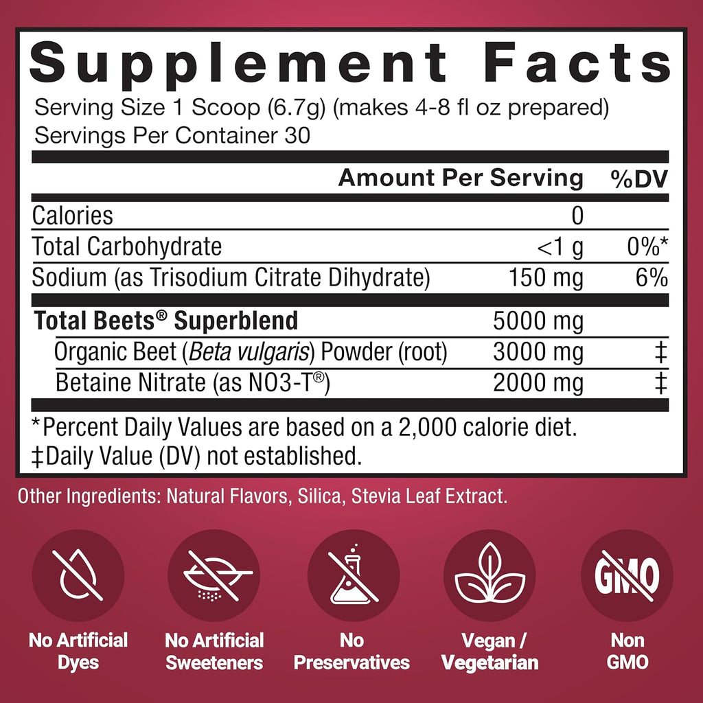 Force Factor Total Beets Delicious Superfood Powder with Nitrates to Support a Healthy Heart, Circulation, Blood Flow, Nitric Oxide, Energy, Stamina, Cardiovascular Heart Health, 30 Servings