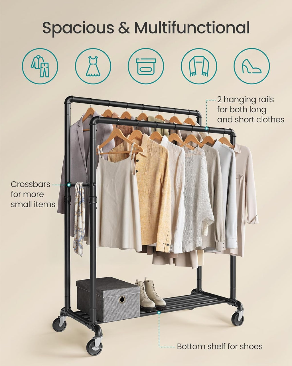 SONGMICS Heavy-Duty Clothes Rack, Double-Rod Clothing Rack for Hanging Clothes, Industrial Garment Rack on Wheels, Metal Frame, 2 Casters with Brakes, Commercial Display, Black UHSR60B