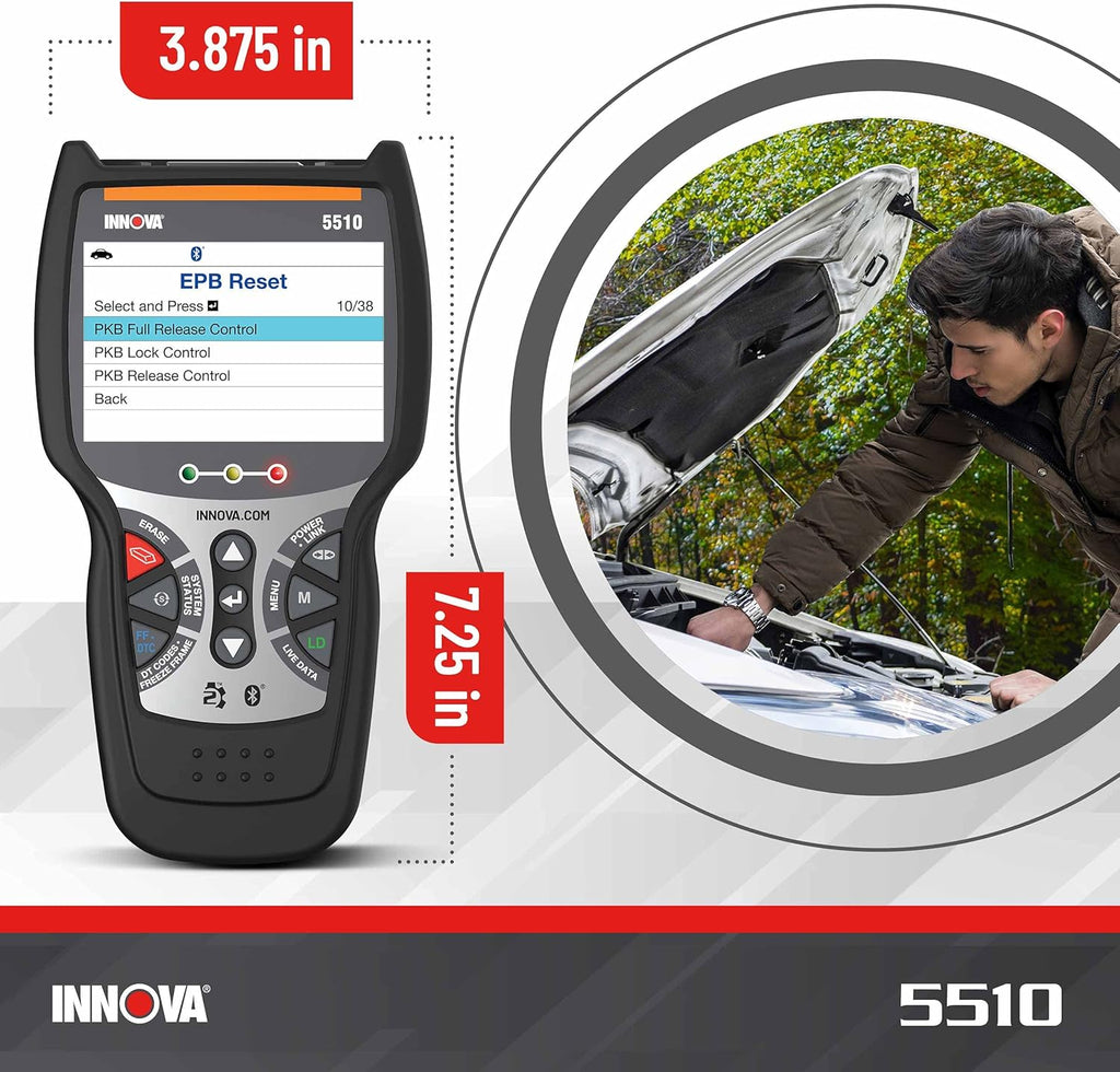 INNOV 551 OBD Scanner Sca Too fo ABS Al Syste Scanner Calipe Service Brak Pa Life Read/Eras ABS/SR Codes Rese Oi Light Liv Data Update Included