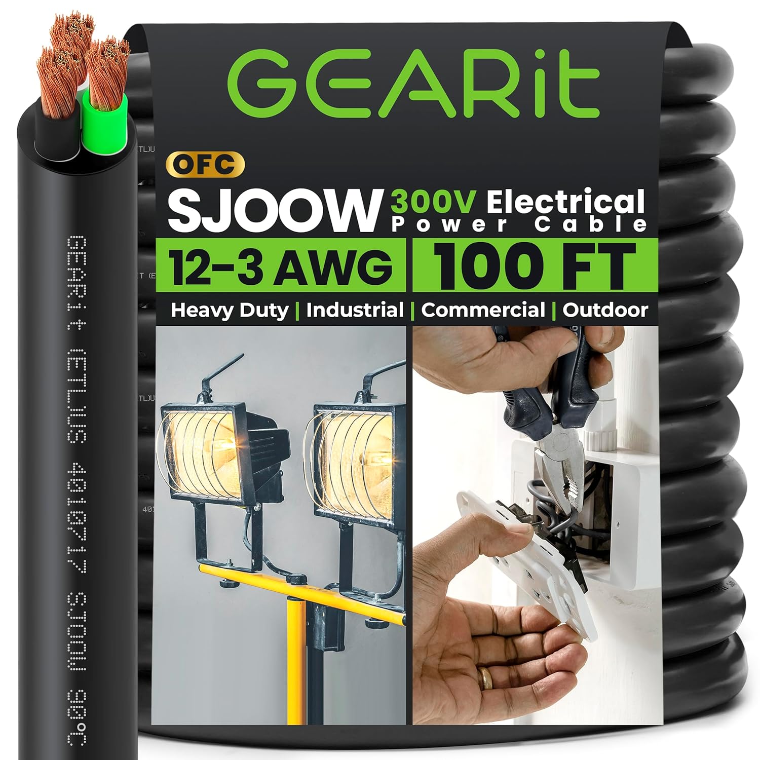 GEARit 12/3 12 AWG Portable Power Cable (100 Feet - 3 Conductor) SJOOW 300V 12 Gauge Electric Wire for Motor Leads, Portable Lights, Battery Charger, Stage Lights and Machinery -100ft Electrical Cord