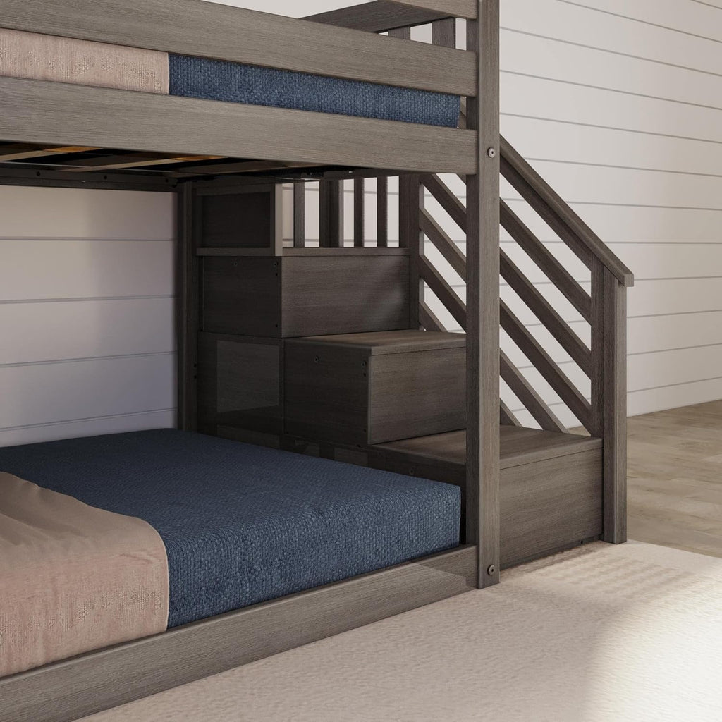 Max & Lily Solid Wood Twin over Twin Size Low Bunk Beds for Kids with Slide and Stairs, 400 lbs Weight Capacity, 14inch Safety Guardrail, Anti-Slip Steps, Clay