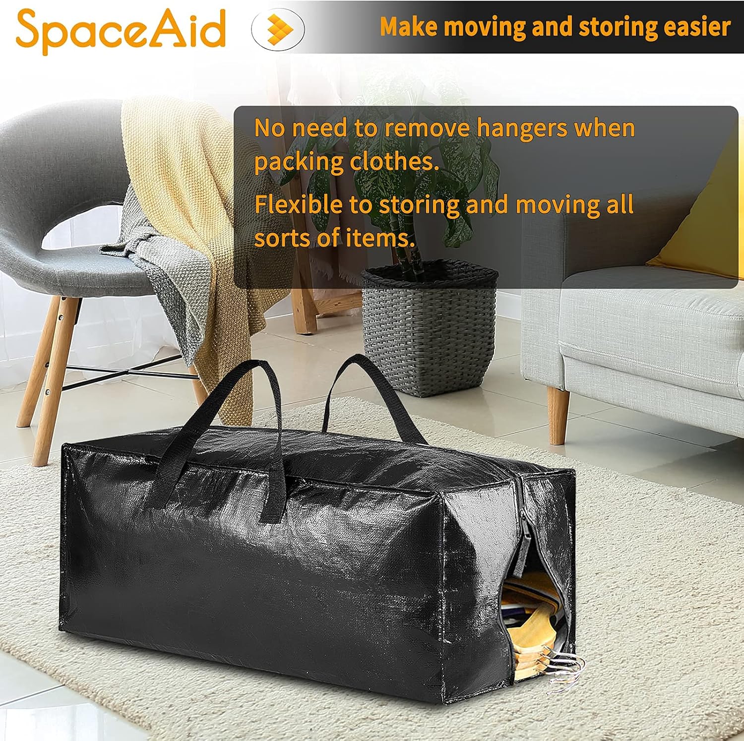 SpaceAid Heavy Duty Moving Bags, Extra Large Storage Totes W/Backpack Straps Strong Handles Zippers, Alternative to Moving Boxes, Packing Moving Supplies, Black (4 Pack)
