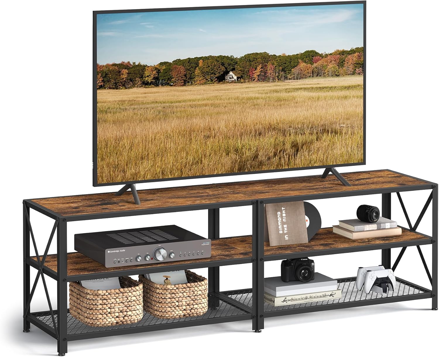 TV Stand for TV up to 70 Inches, TV Table, Entertainment Center, 3-Tier TV Console, Steel Frame, Industrial Style, for Living Room, Rustic Brown and Black ULTV095B01