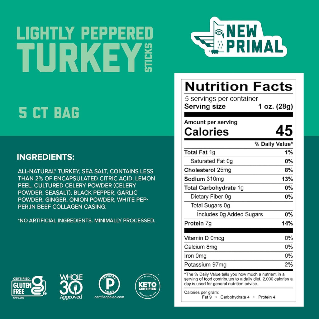 New Primal Lightly Peppered Turkey Sticks, Keto Gluten Free Healthy Snacks for Adults, Sugar Free Low Carb High Protein Snack, Paleo Whole30 Jerky Meat Stick, 7g Protein, 45 Calories, 5 Pack
