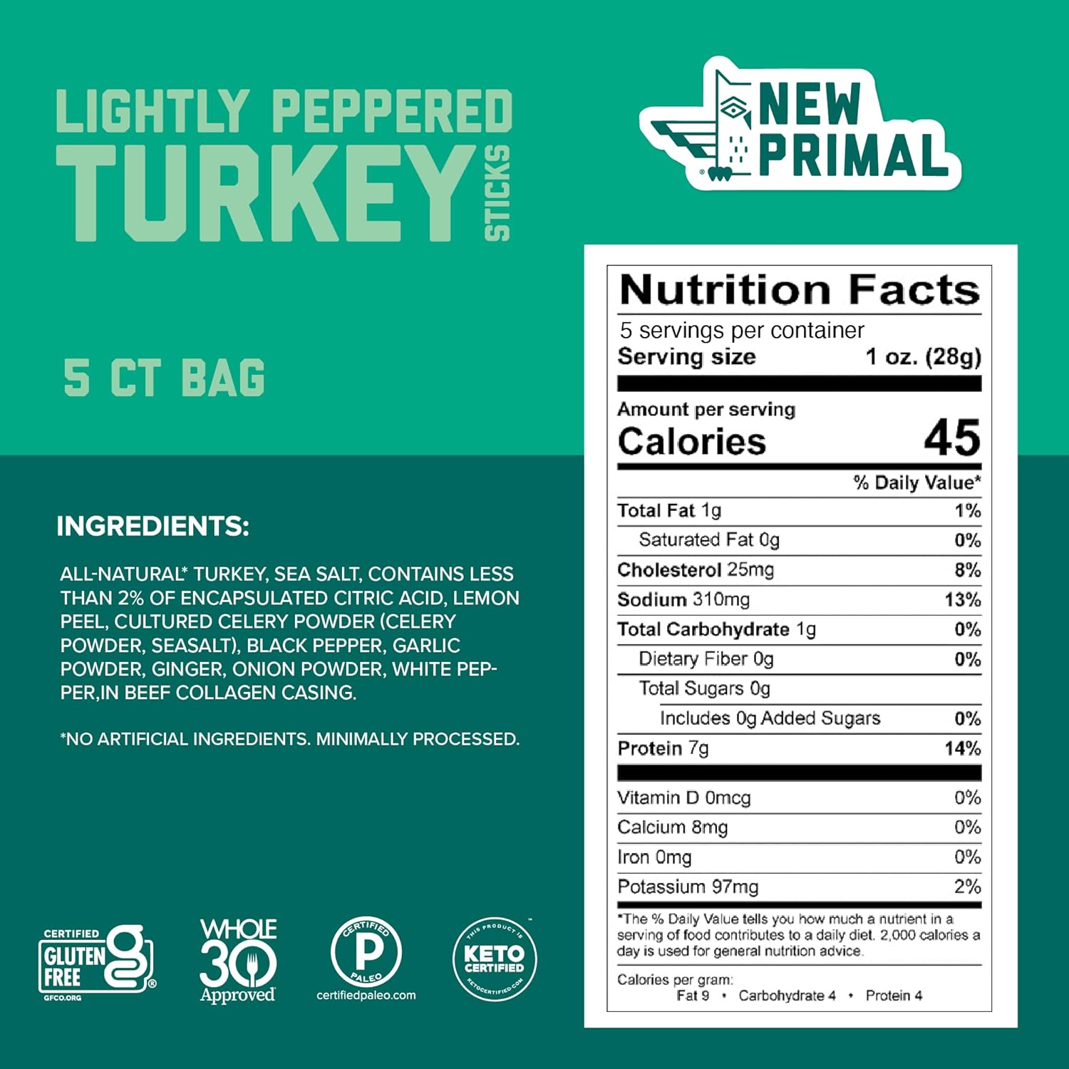 New Primal Lightly Peppered Turkey Sticks, Keto Gluten Free Healthy Snacks for Adults, Sugar Free Low Carb High Protein Snack, Paleo Whole30 Jerky Meat Stick, 7g Protein, 45 Calories, 5 Pack