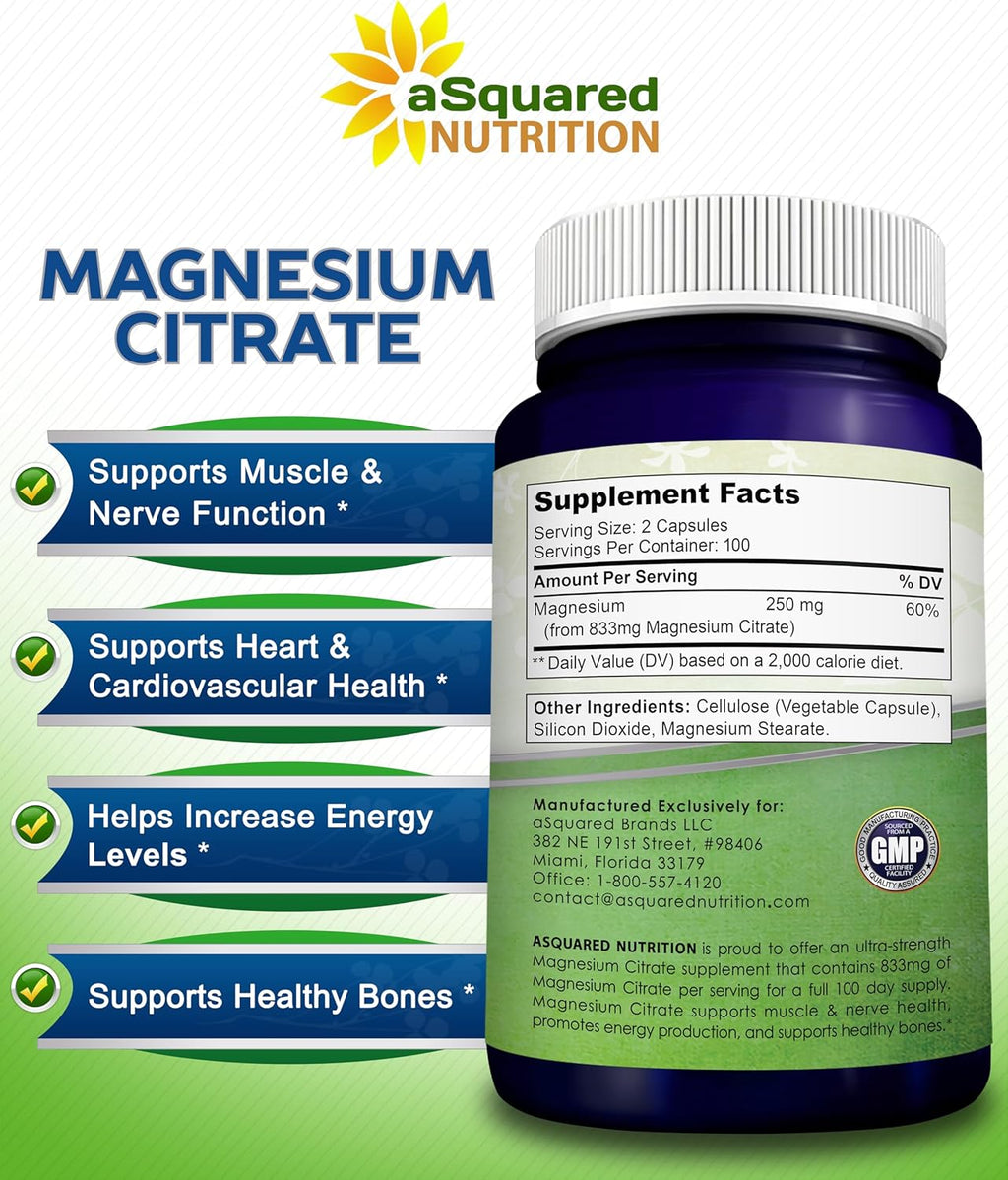 aSquare Nutritio Magnesiu Citrat 833m Supplemen 20 Capsule Ma Strengt Vega Ma Citrat Powde Pill t Suppor Pur Functio o Muscles Hear Bone Help Increas Energy