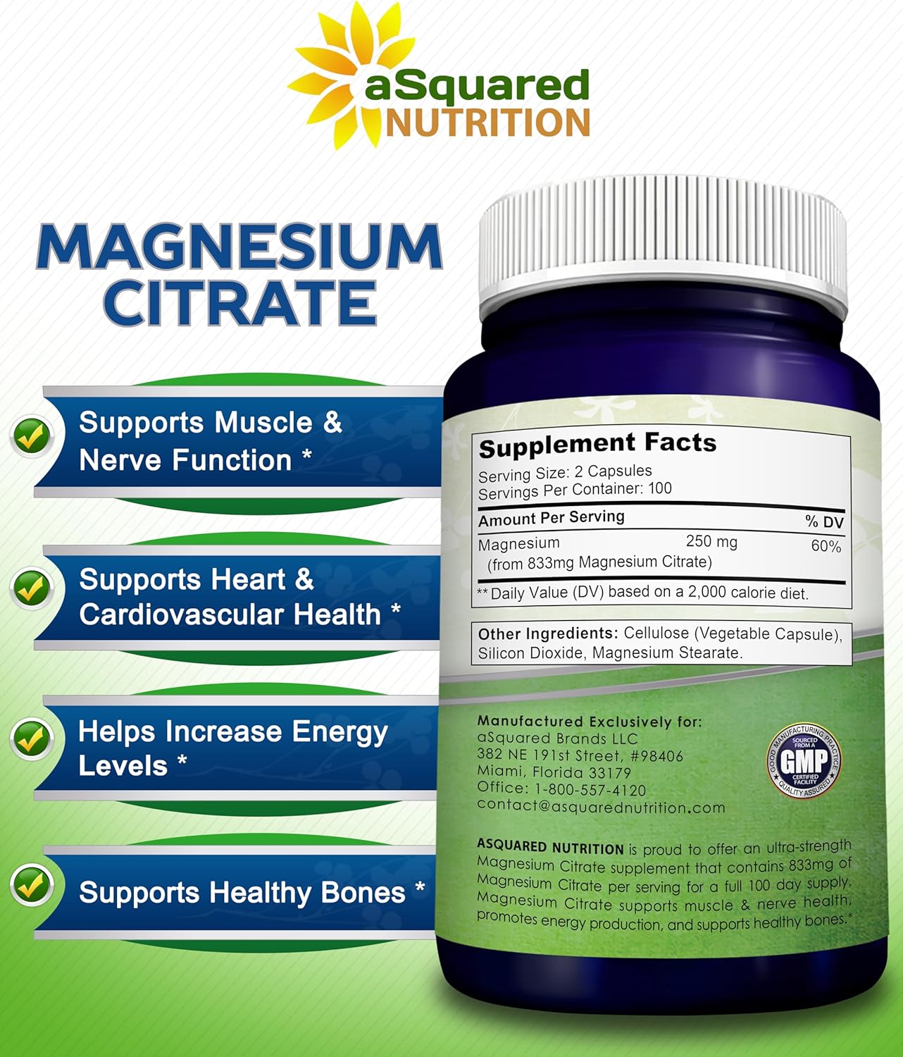 aSquare Nutritio Magnesiu Citrat 833m Supplemen 20 Capsule Ma Strengt Vega Ma Citrat Powde Pill t Suppor Pur Functio o Muscles Hear Bone Help Increas Energy