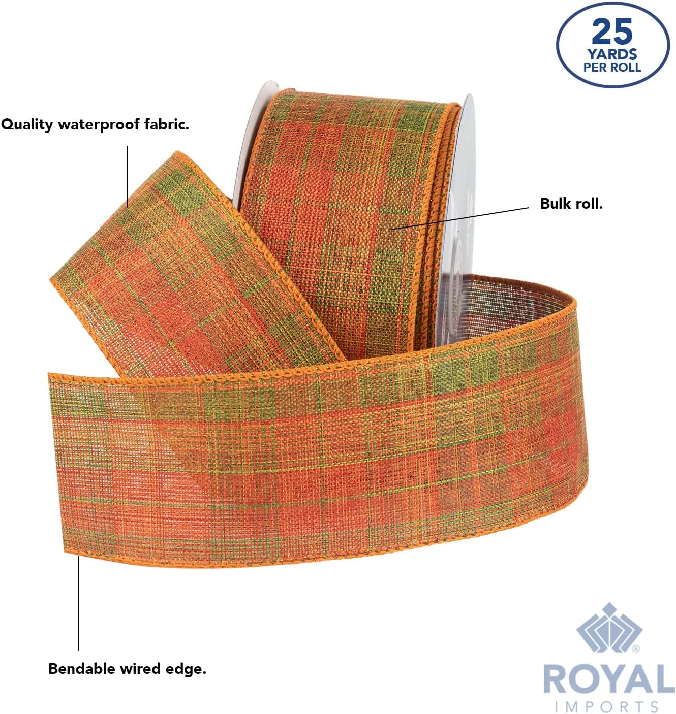 Roya Import Fal Checkere Plai Orange/Gree Wire Ribbon fo Thanksgiving Hallowee an Harves Decor Bo Making Gif Wrapping Wreaths 2.5inc Wid (#40 2 Yar Rol (7 Ft)