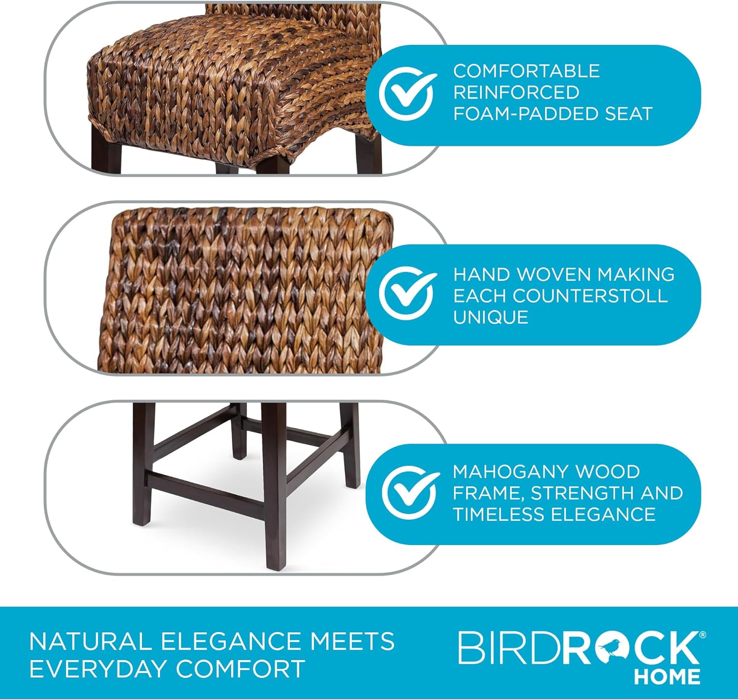 BIRDROC HOM Wove Seagras Counte Stoo Natura Wicke Woode Leg Boh Stoo fo Indoo an Outdoo Seatin fo Livin Room Patio o Kitche Decorativ Furnitur fo Adult Espresso