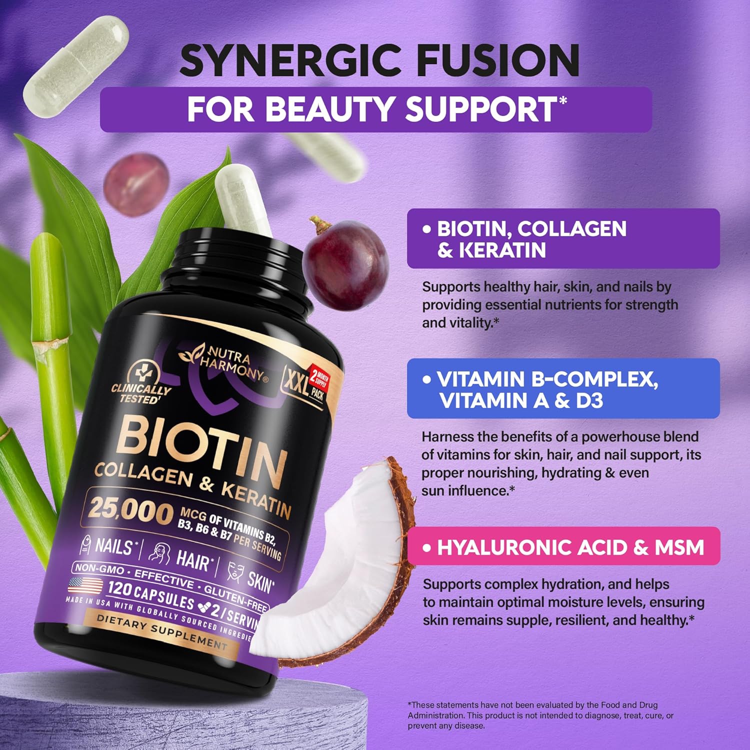 Bioti Collage Hyaluroni Aci Kerati Clinicall Teste Supplemen Hai Growt Support Ski Nail 2500 mc Vitamin B2 B3 B B B Mad i US Wome Me 12 Capsules
