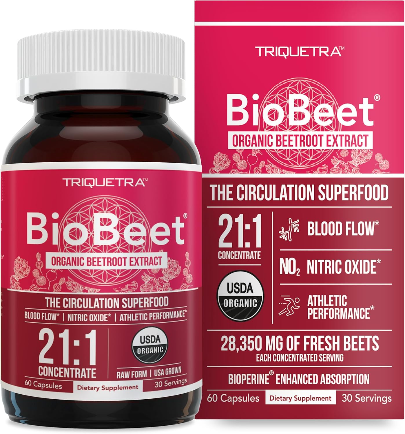 BioBeet Max Strength Beet Root Capsules - 21:1 Concentrate, Each Serving Derived from 28,350 mg Organic Beetroot - Absorption Enhancement with BioPerine Black Pepper Extract (60 Capsules)