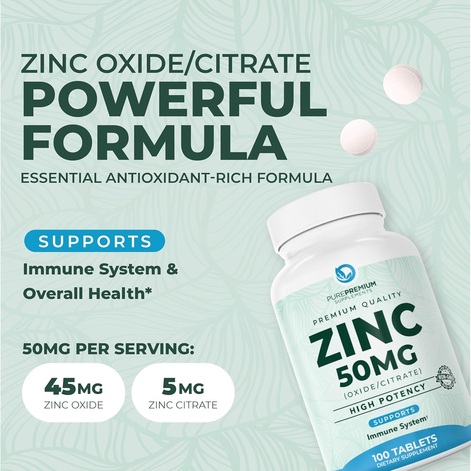 PurePremiu Natura Zin 50m Supplement fo Men/Wome GMP-Certifie Hig Potenc Vitami Zin Citrate/Oxid fo Adults Immun Antioxidant Energ Suppor 10 Tablets