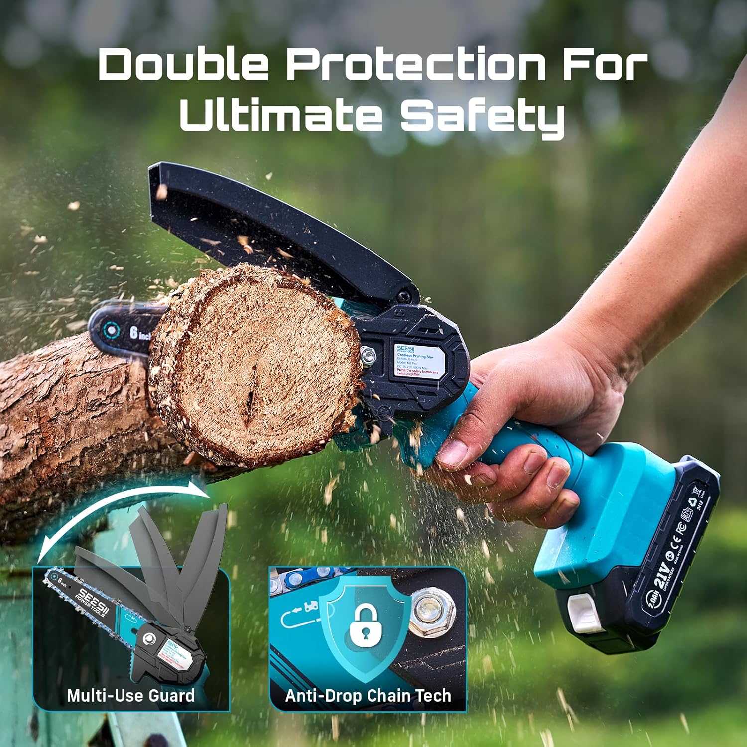 Seesii Mini Chainsaw, 6-inch Mini Chainsaw Cordless, Handheld Electric Power Chain Saw with Battery, for Tree Trimming Wood Cutting,Gifts for Father, Dad, Husband, Men