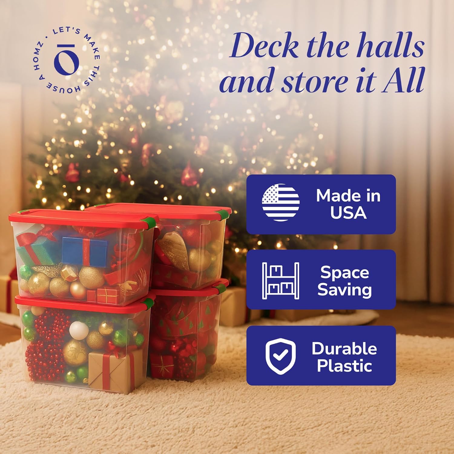 HOMZ 4-Pack Holiday Tote, Clear Plastic Storage Bins w/Lids & Dividers, 112 Quart, Red - Stackable Organizing Containers for Christmas Ornament Decorations, Gift Wraps, and Crafts