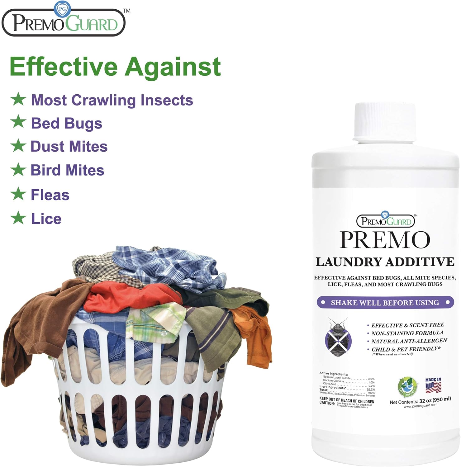 Bed Bug & Mite Laundry Detergent Additive by Premo Guard ¨C 32 oz ¨C Child & Pet Friendly ¨C Stain & Odor Free ¨C Best Natural Non-Toxin Treatment