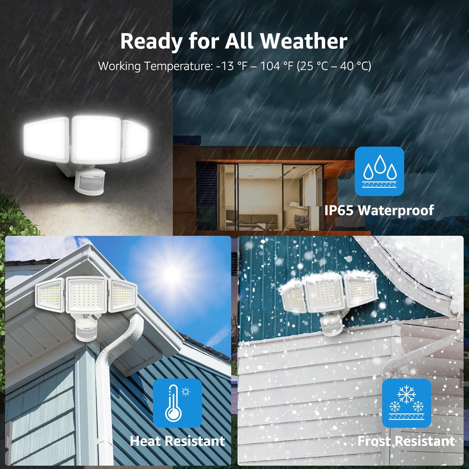 Lepro LED Security Lights, Outdoor Motion Sensor Light, Flood Lights with 3 Adjustable Heads, 270¡ã Wide Lighting Angle, 27W 3200LM Super Bright, IP65 Waterproof for Yard Porch Garage, White