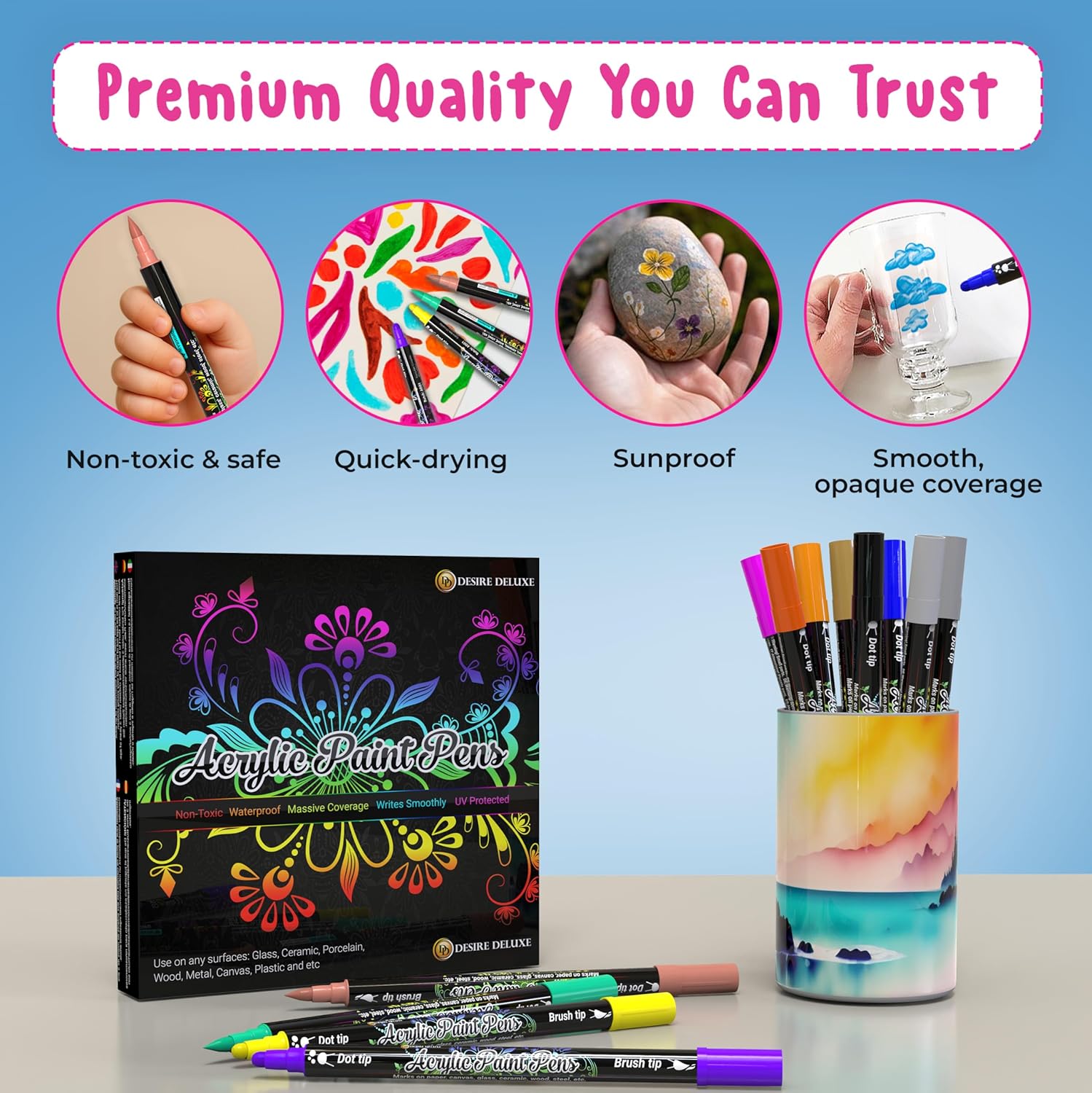 Desire Deluxe Acrylic Paint Pens for Rock Painting, Stone, Ceramic, Glass, Wood, Canvas ¨C Set of 12 Non Toxic Water Based Markers - Great Artists Painting Supplies