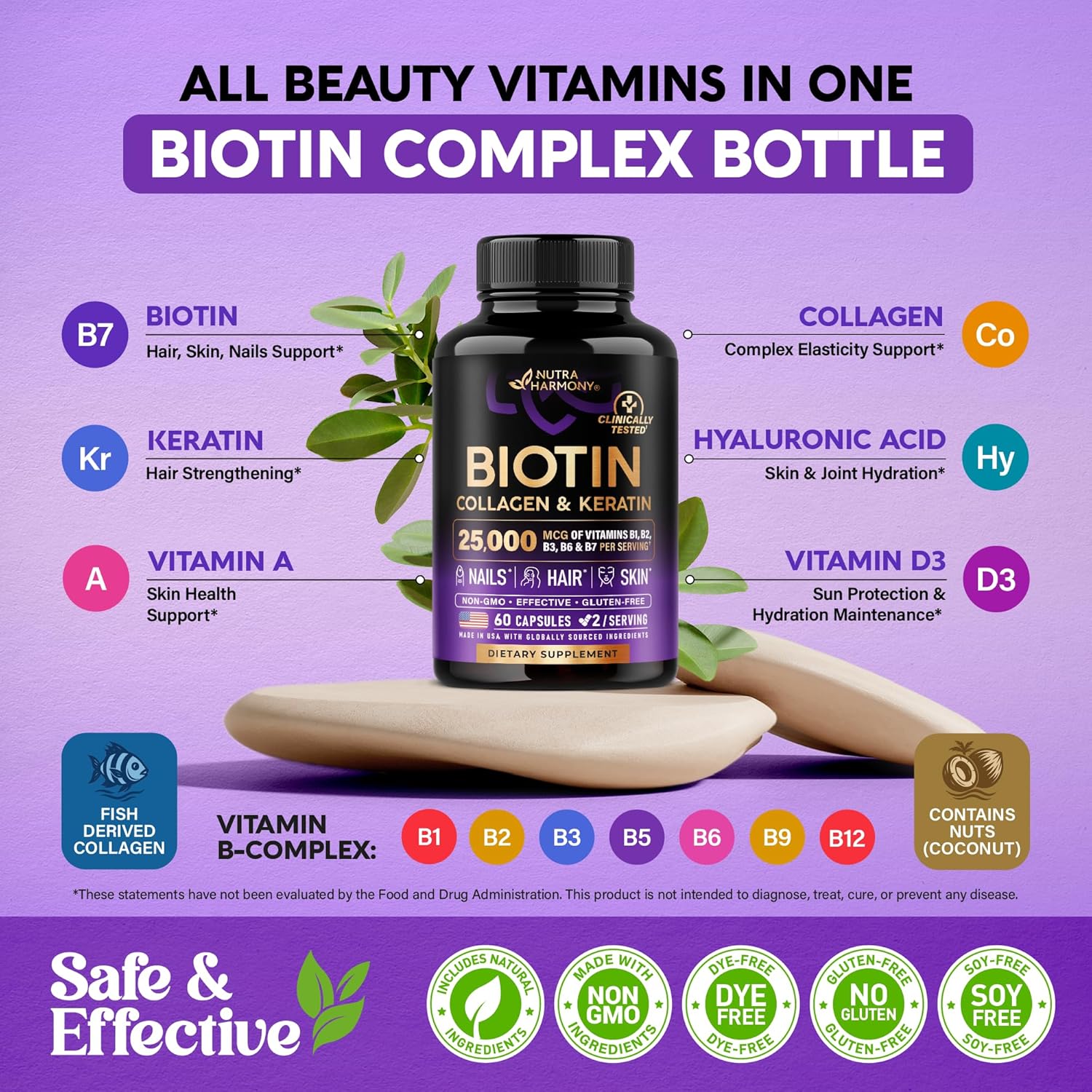 Bioti Collage Hyaluroni Aci Kerati Clinicall Teste Supplement* Hai Growt Support Ski Nail 25000mc Vitamin B1 B2 B3 B B fo Wome Me Mad i US 6 Capsules