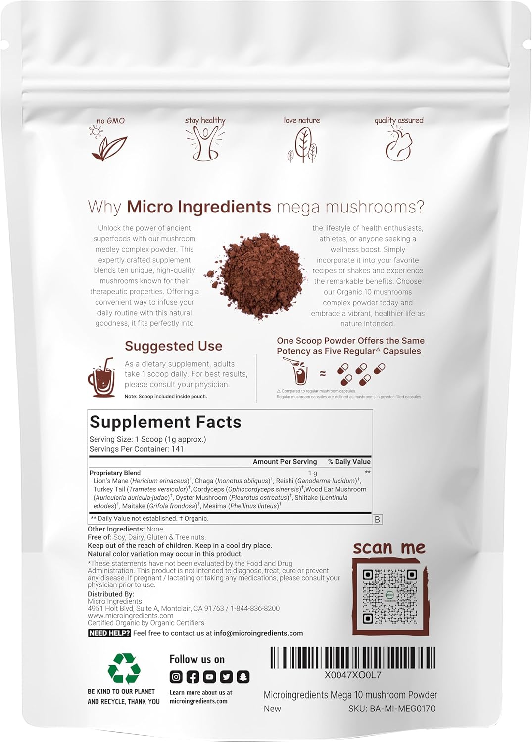 Micro Ingredients Organic Mushroom 10-in-1 Blend, 5 oz | Chaga, Lion¡¯s Mane, Cordyceps More | Supports Immune Brain Function | Great for Smoothies Daily Use | Non-GMO, Vegan Friendly