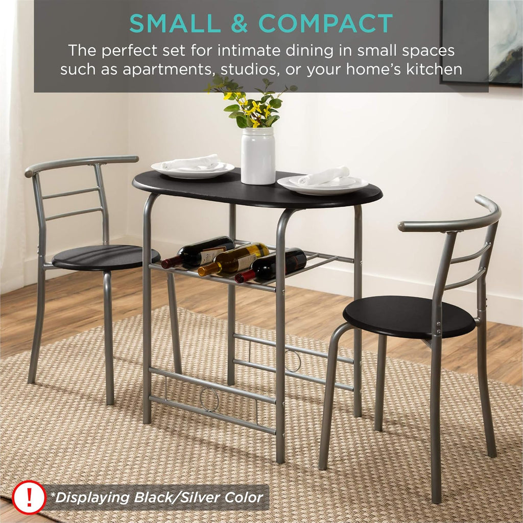 Best Choice Products 3-Piece Wooden Round Table Chair Set for Kitchen, Dining Room, Compact Space w/Steel Frame, Built-in Wine Rack - White/Brown