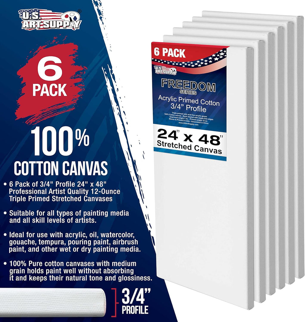 U.S. Art Supply 24 x 48 inch Stretched Canvas 12-Ounce Primed 6-Pack - Professional White Blank 3/4inch Profile Heavy-Weight Gesso Acid Free Bulk Pack - Painting, Acrylic Pouring, Oil Paint