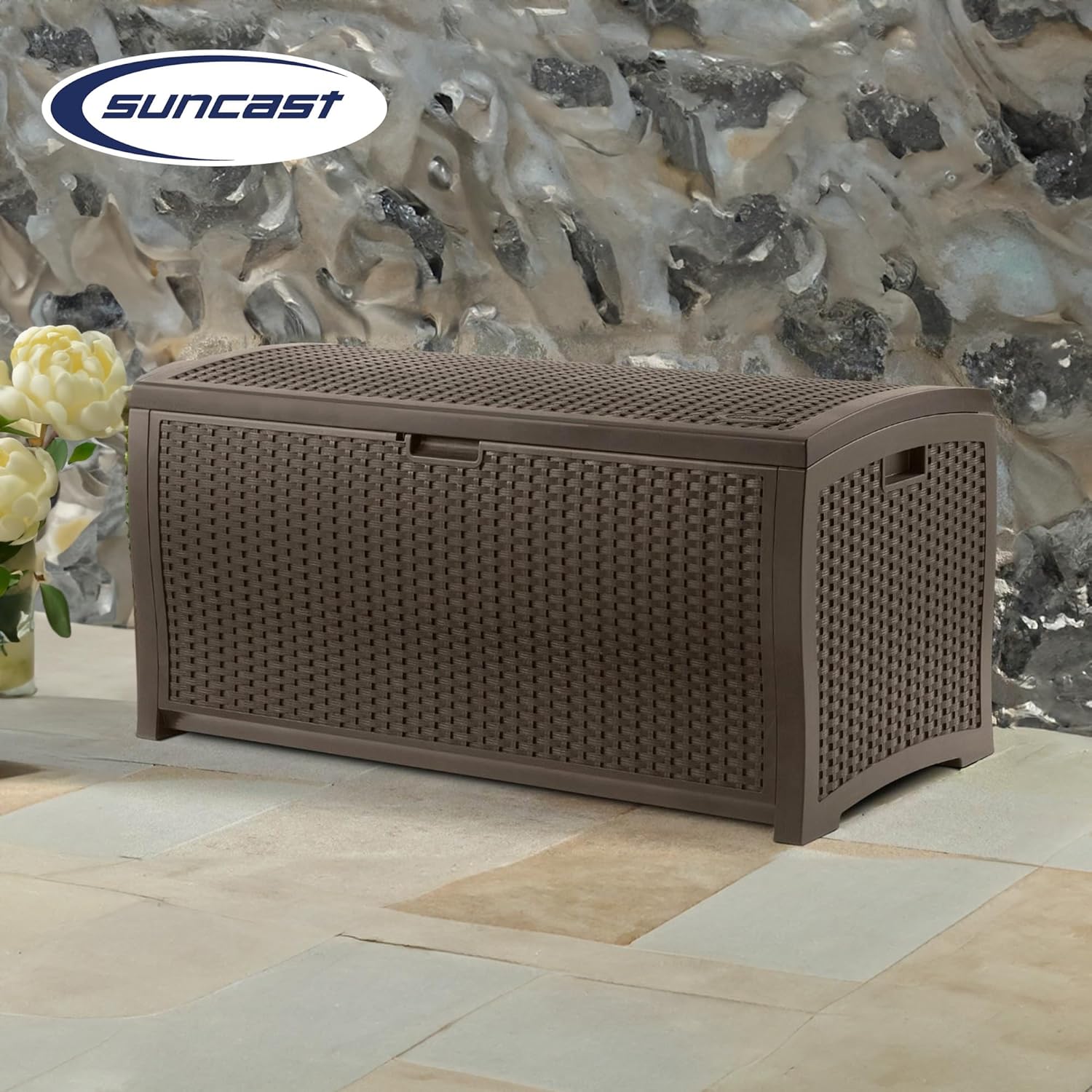 99 Gallon Plastic Wicker Deck Box Container Storage for Garden, Garage, Home, Pool, Indoor and Outdoor Use, Mocha (2 Pack)