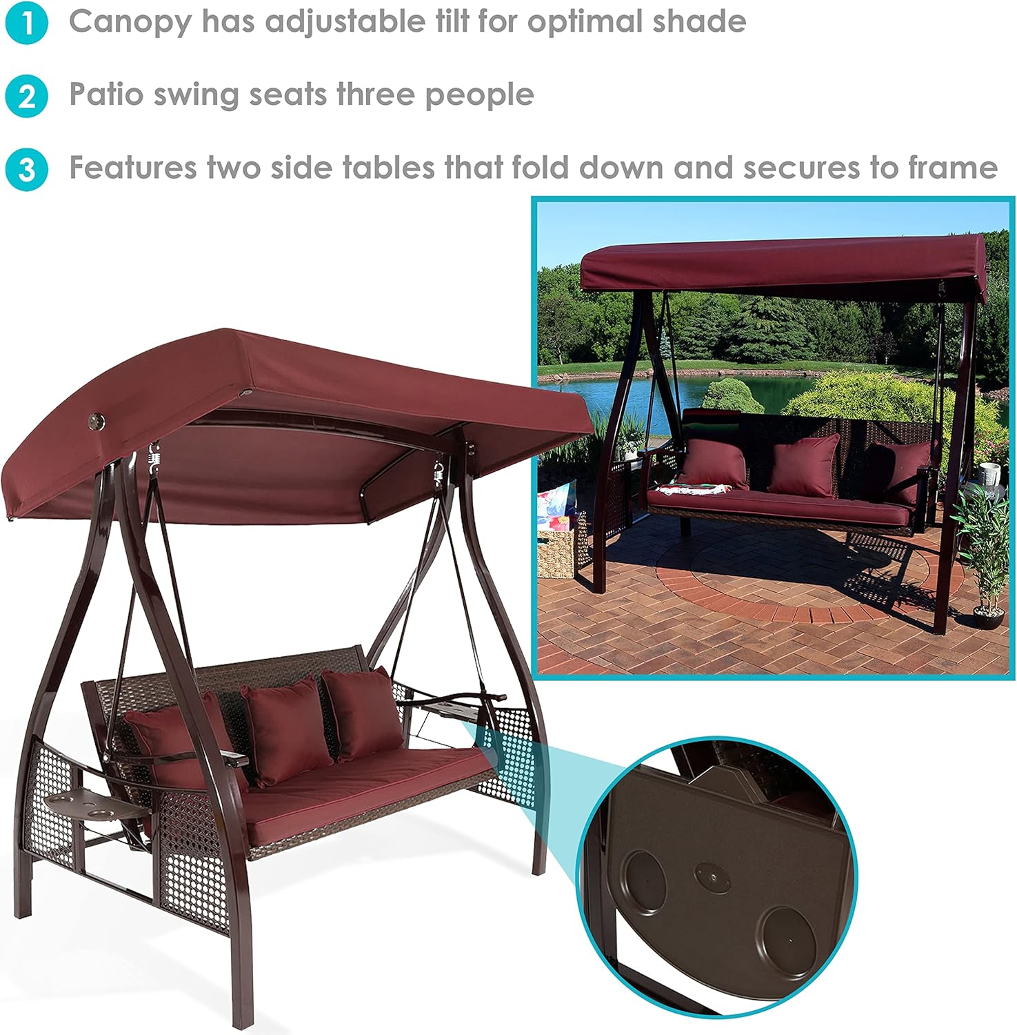 Sunnydaze 3-Seat Deluxe Patio Swing with Steel Frame and Canopy - 600-Pound Weight Capacity - Maroon Cushions Included