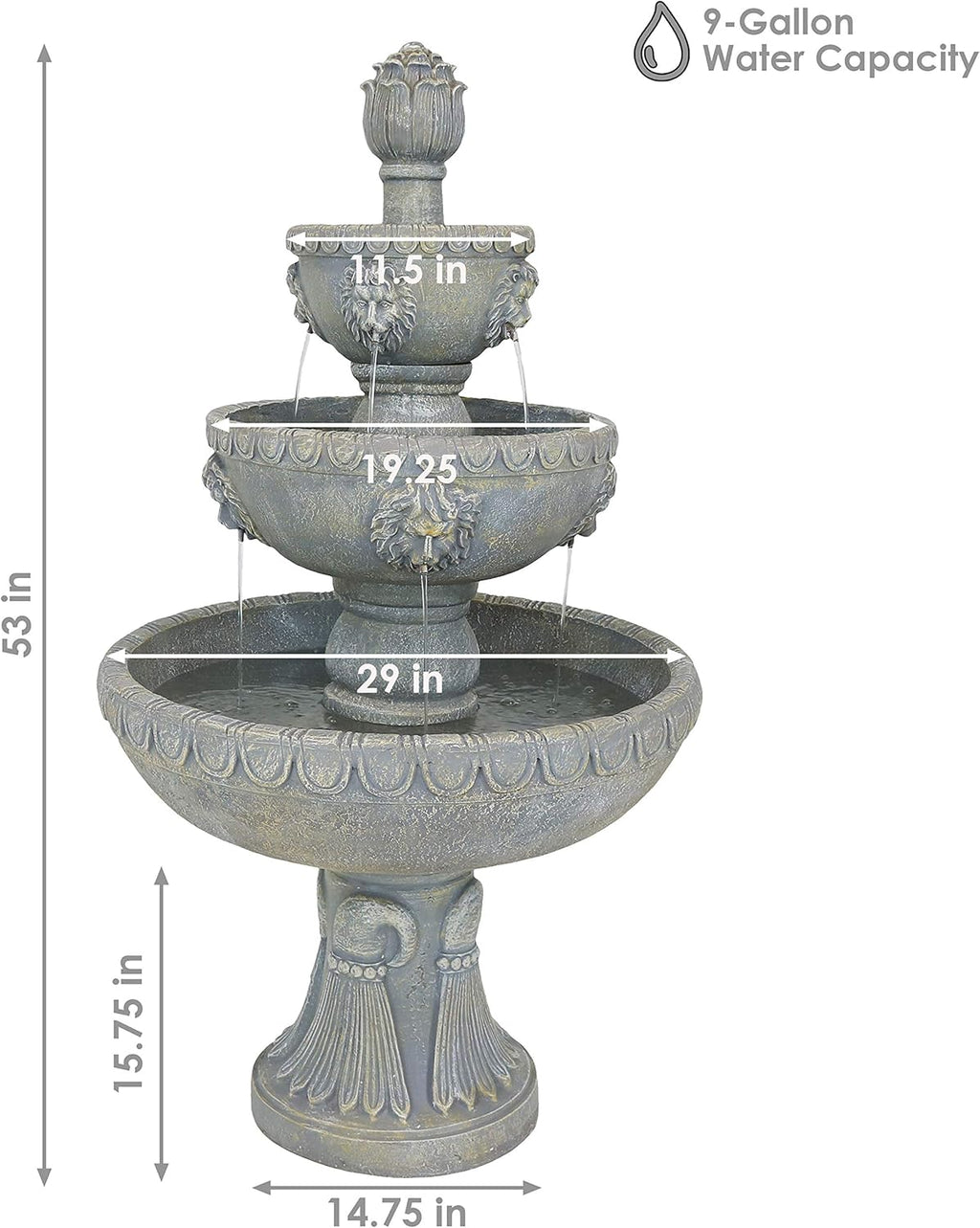 Sunnydaz Lio Hea 53-Inc 3-Tie Outdoo Wate Fountai wit Electri Submersibl Pum fo Patio Yard o Deck