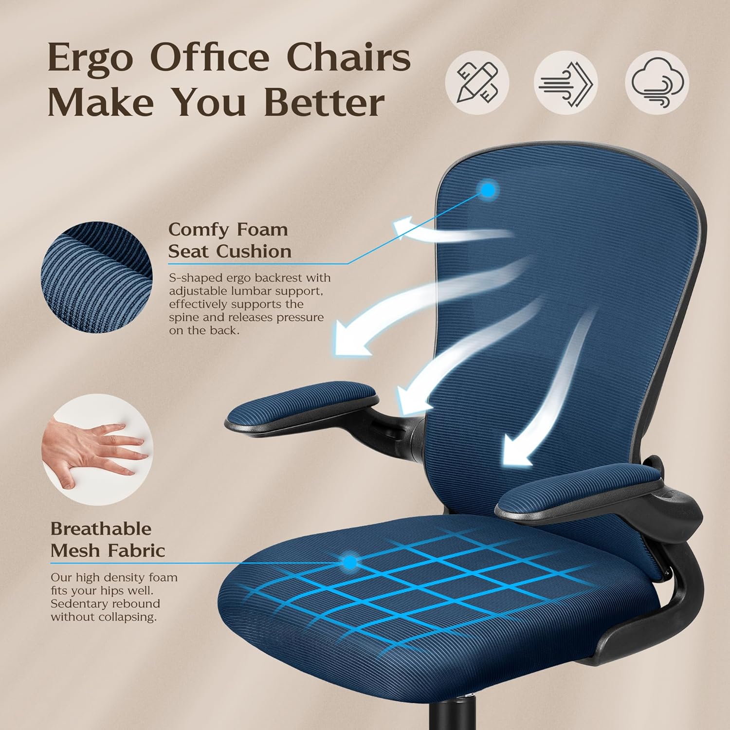 FelixKing Office Chair, Ergonomic Desk Chairs with Wheels Home Mesh Chair Adjustable Lumbar Support and Height, Ergo Chair for Working Gaming Use (Navy Blue)