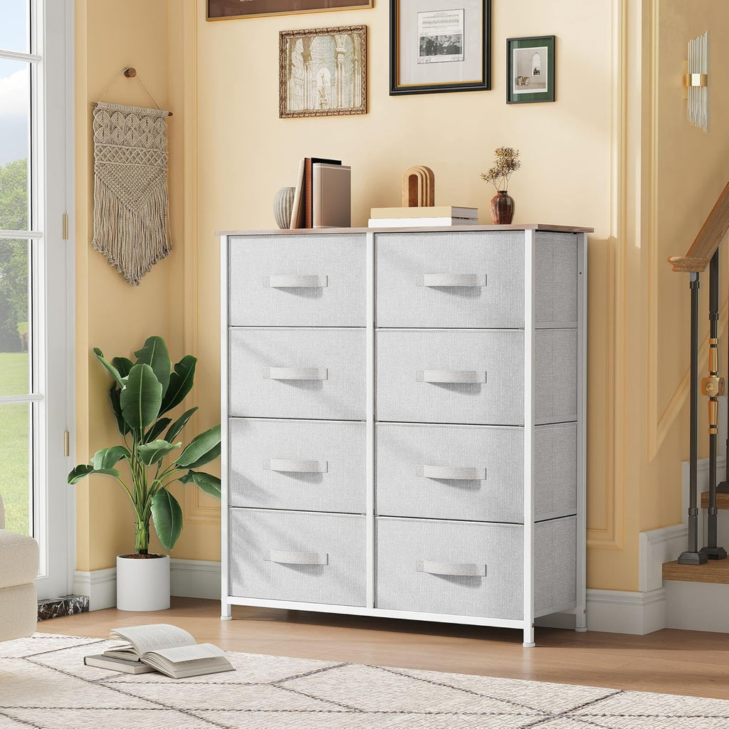 DWVO Fabric Dresser for Bedroom, Tall Dresser with 8 Drawers, Storage Tower with Fabric Bins, Chest of Drawers for Closet & Living Room - Sturdy Steel Frame, Wooden Top