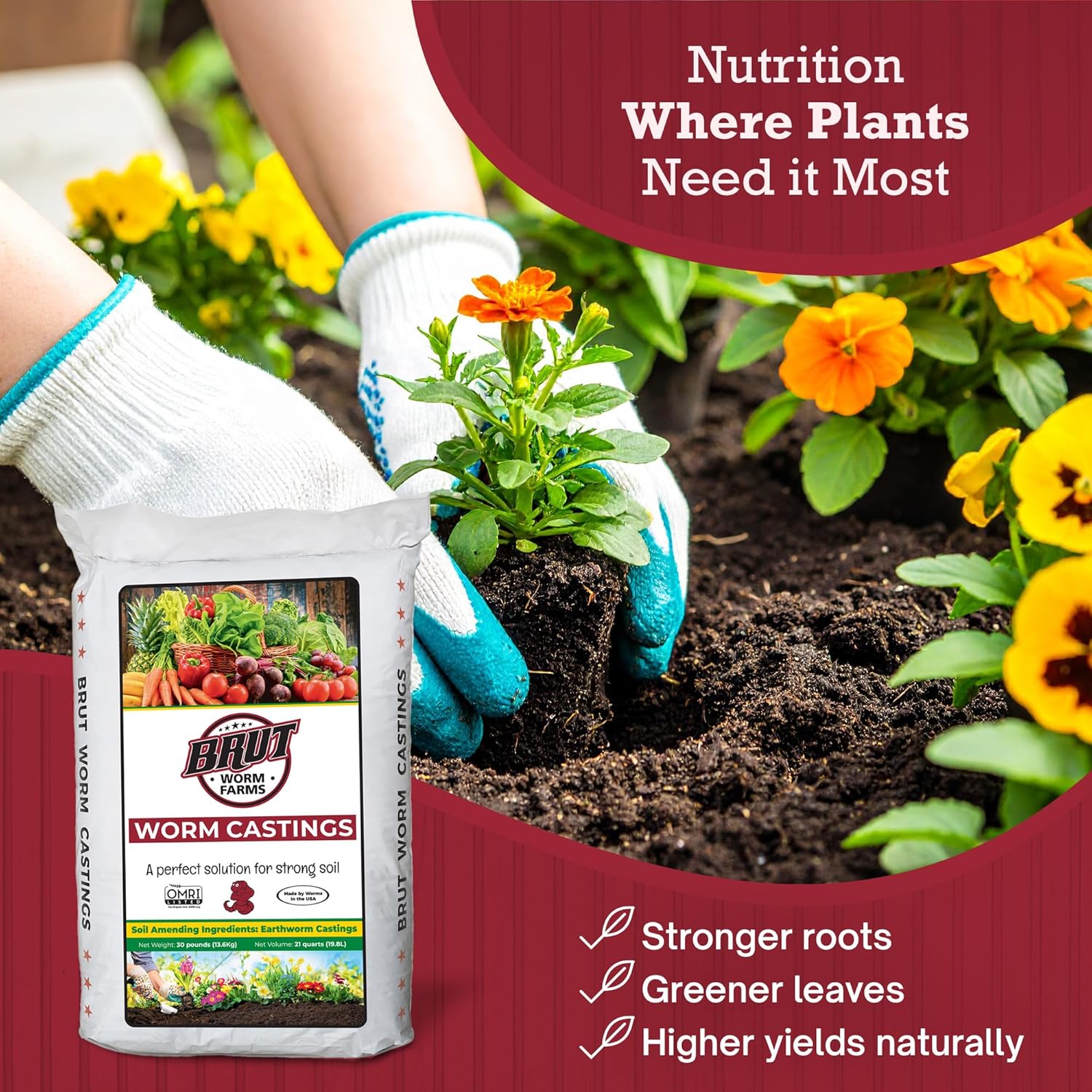Brut Organic Worm Castings for Plants 30 LB ¨C Natural Nutrients, Fertility Builder, Plant Food for Potting Soil and Garden Soil ¨C Indoor and Outdoor Use
