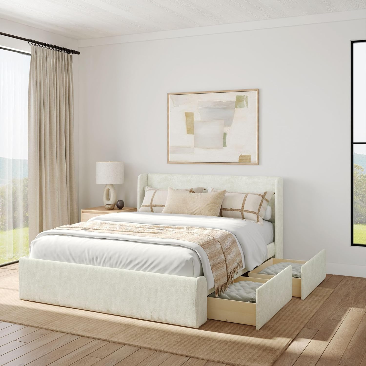Plank+Beam Upholstered Queen Bed Frame with Rectangular Headboard and Two Storage Drawers, Upholstered Platform Bed, No Box Spring Needed, Easy Assembly, Cream