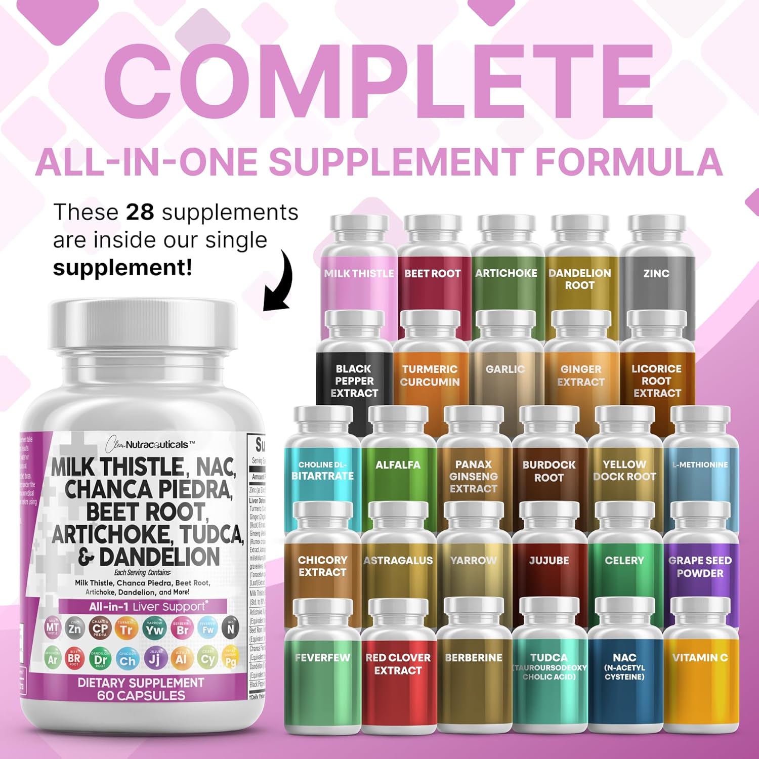 Clean Nutraceuticals Milk Thistle NAC Chanca Piedra Beet Root Artichoke Dandelion Root - Liver Cleanse Detox Repair Supplement Plus TUDCA Choline Ginger 60 Count
