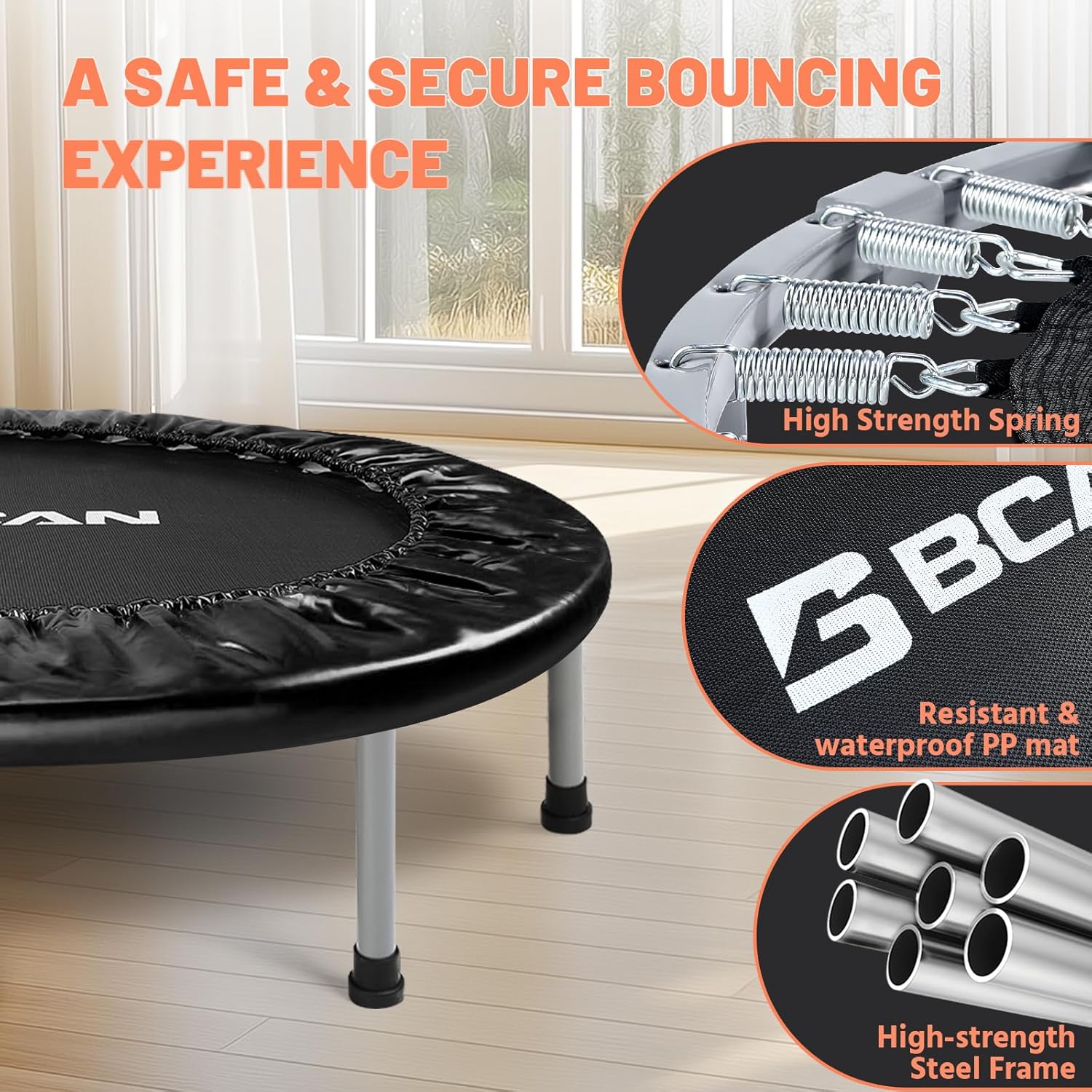 BCAN 38inch/40''/48'' Foldable Mini Trampoline Fitness Trampoline with Safety Pad,Rebounder Exercise Trampoline for Adults Indoor/Garden Workout,Max Load 300lbs/440lbs