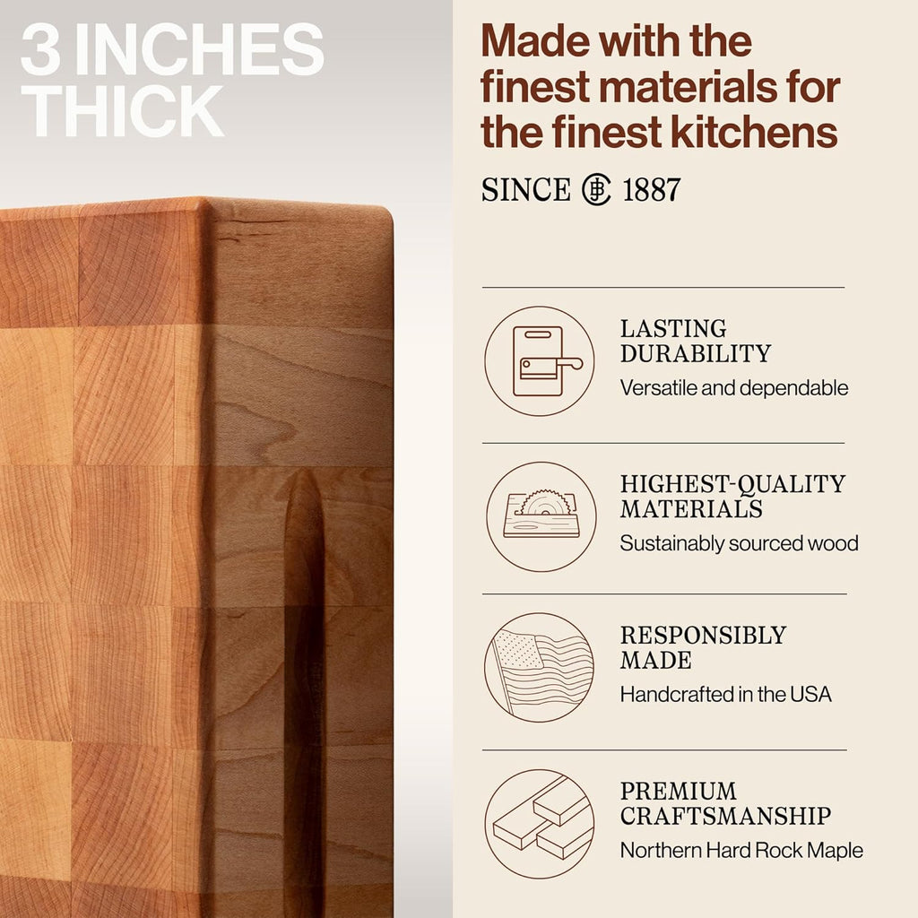John Boos CCB Series Square Wooden Maple Cutting Board 12¡±x12¡± ¨C 3¡± Thick, 13-lb Reversible Butcher Block with End-Grain & Finger Grips ¨C Made in the USA